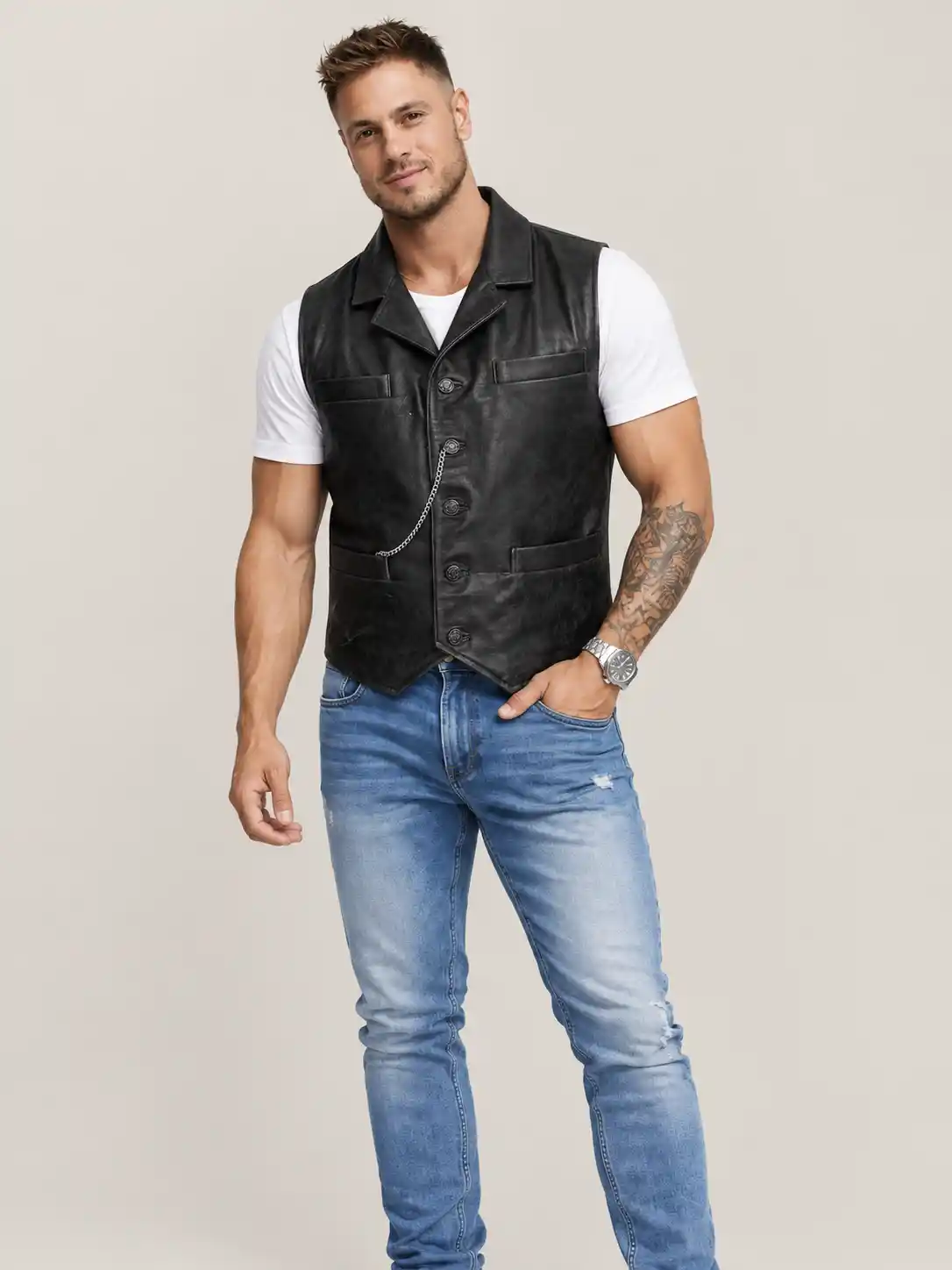 Men's Halloween Cullen Black Leather Vest - Image 4