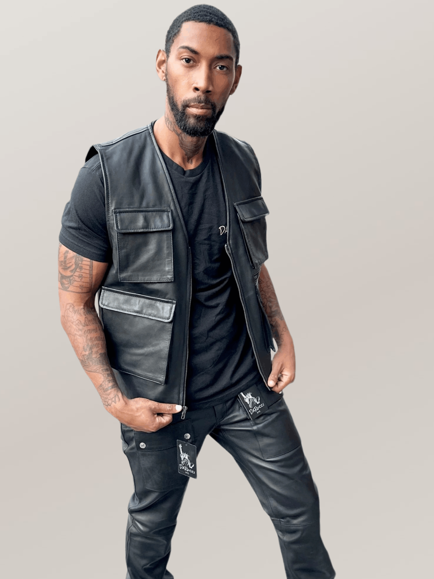 Men's Leather Military Vest Black - Image 6