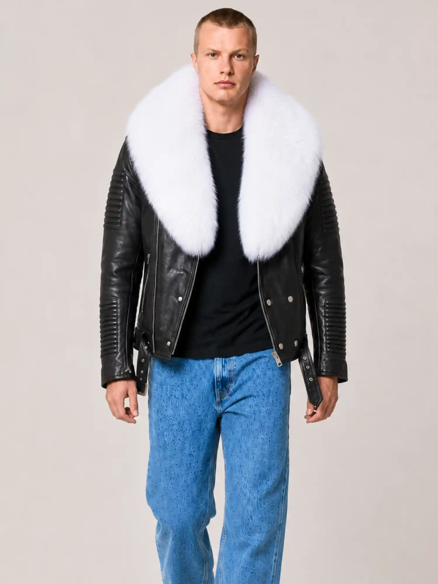 Men's Black White Fur Biker Ribbles Leather Jacket - Image 6