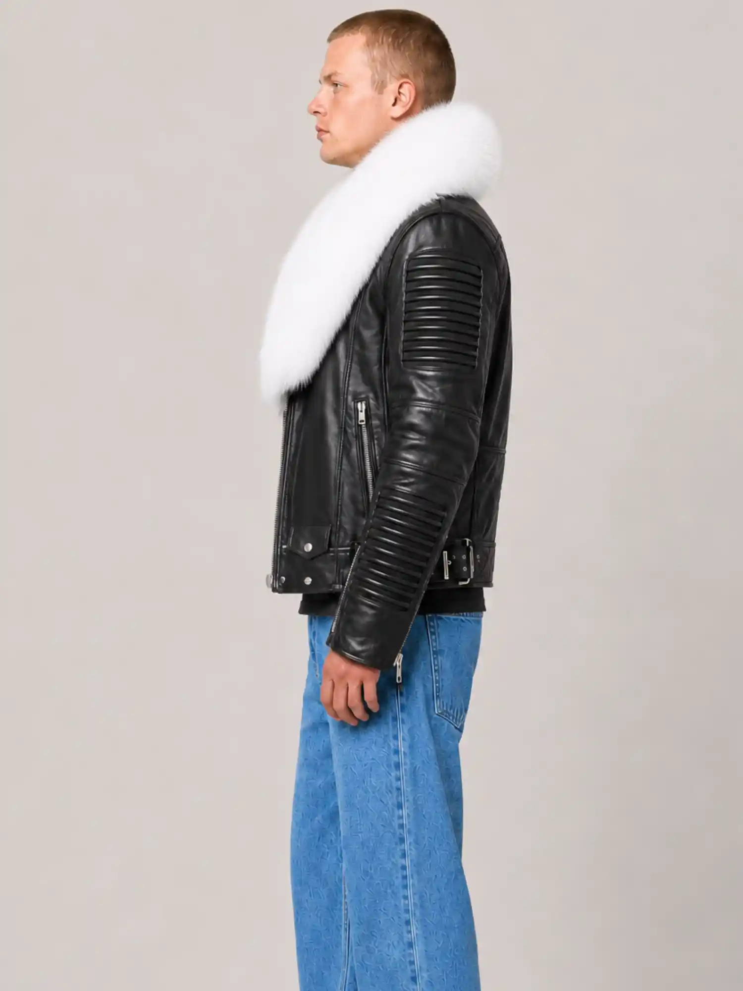 Men's Black White Fur Biker Ribbles Leather Jacket - Image 3