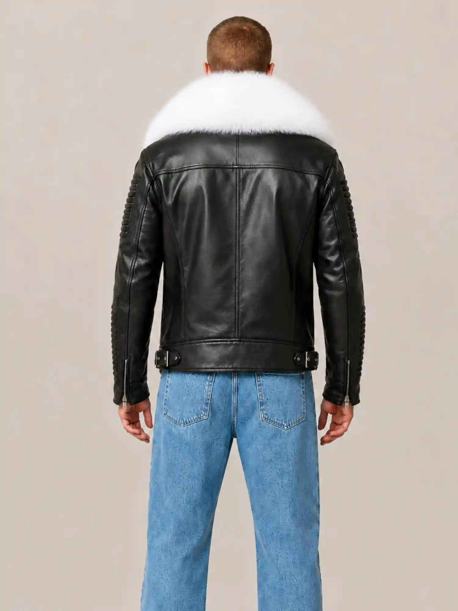 Men's Black White Fur Biker Ribbles Leather Jacket - Image 2