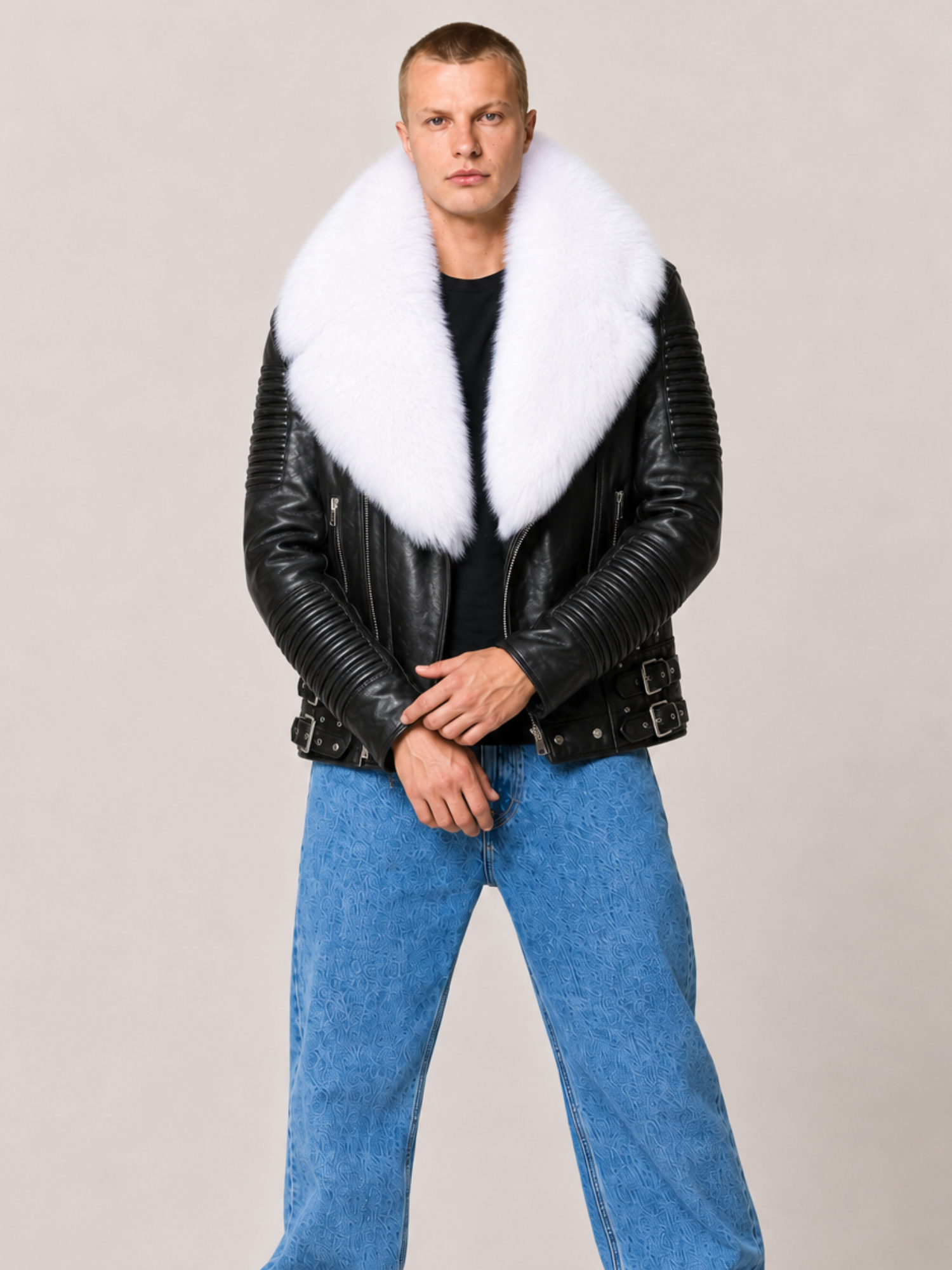Men's Black White Fur Biker Ribbles Leather Jacket