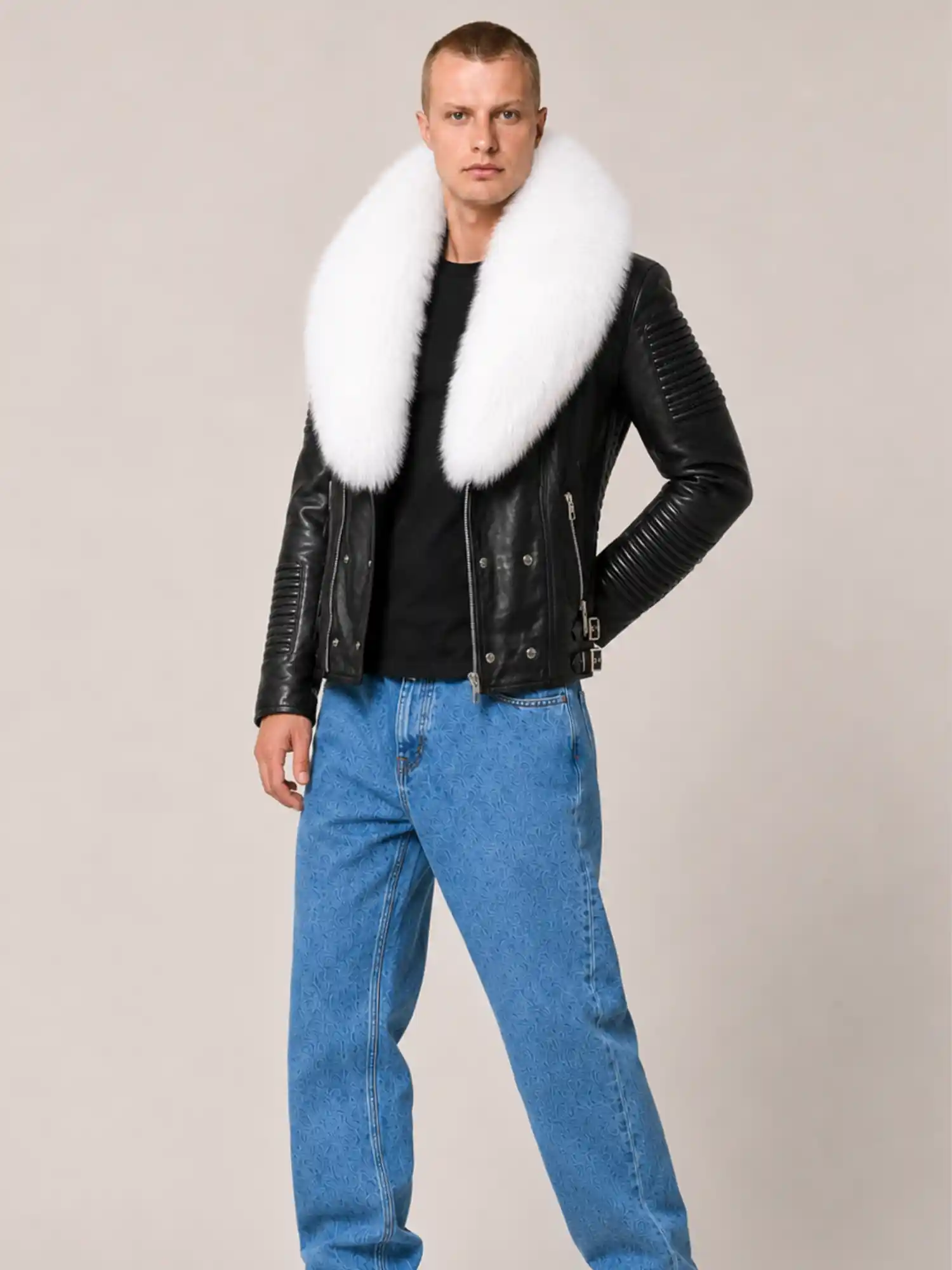 Men's Black White Fur Biker Ribbles Leather Jacket - Image 4