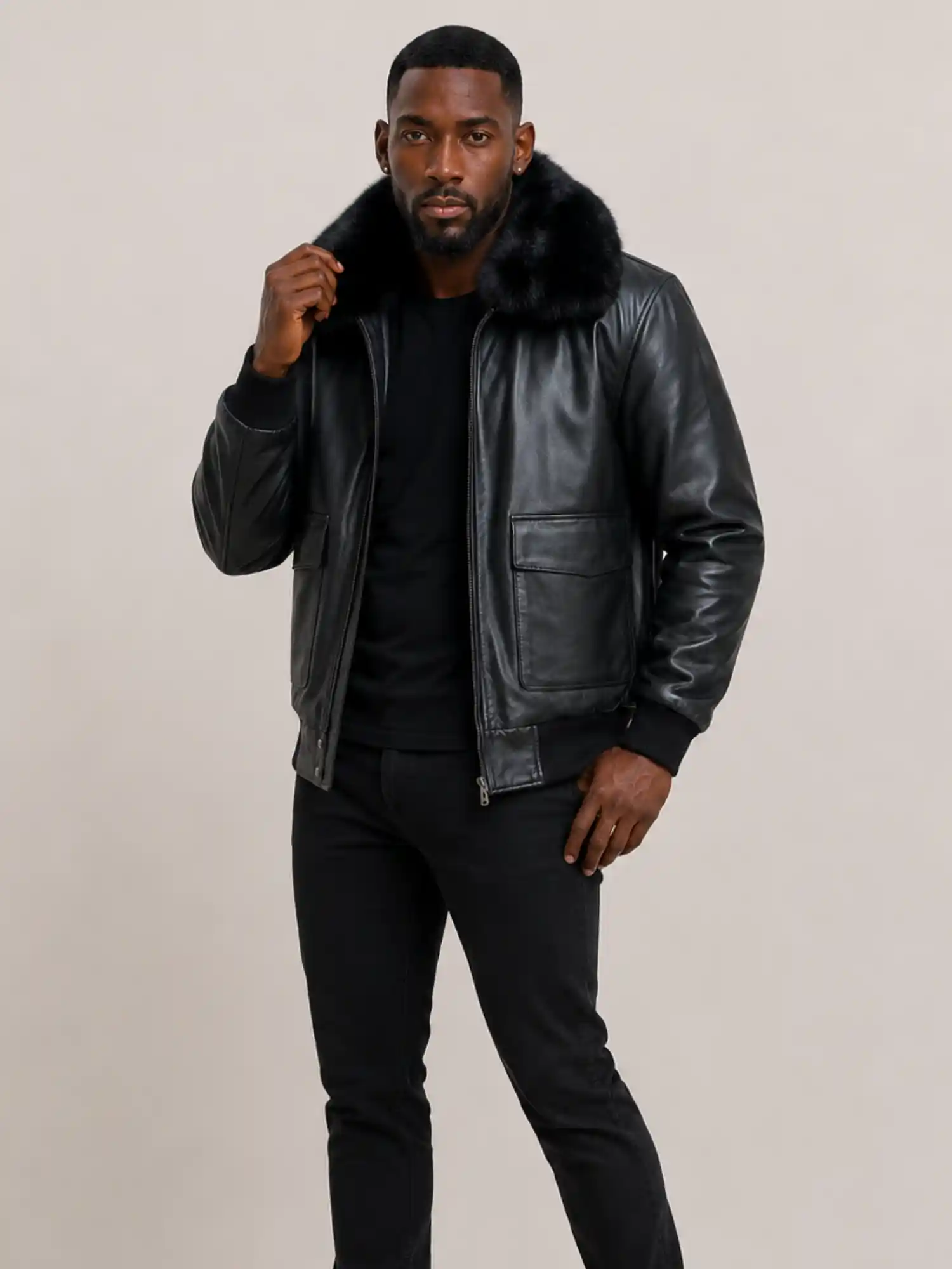 Men's Black Flight Bomber Leather jacket With Fur - Image 4