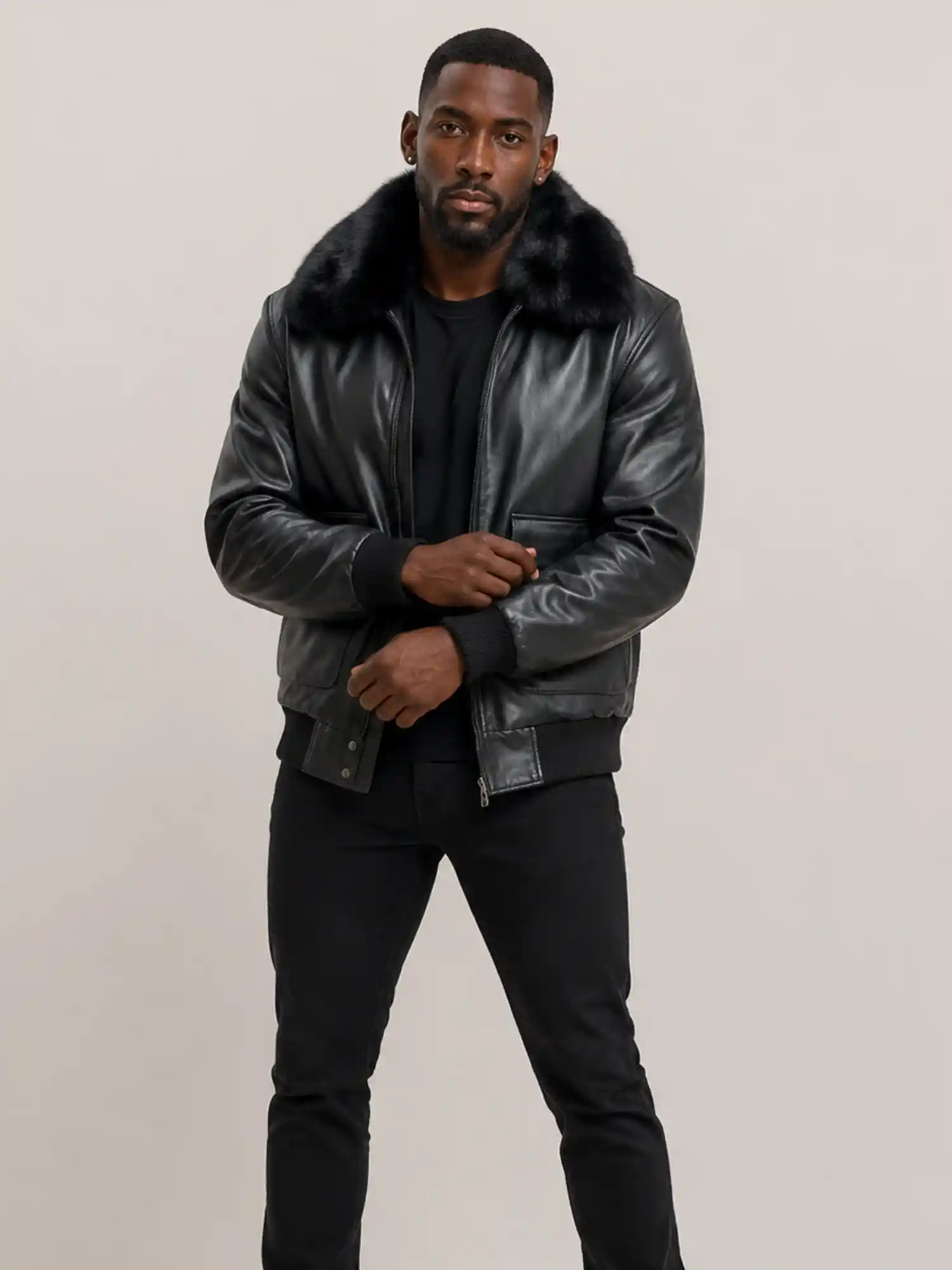 Men's Black Flight Bomber Leather jacket With Fur