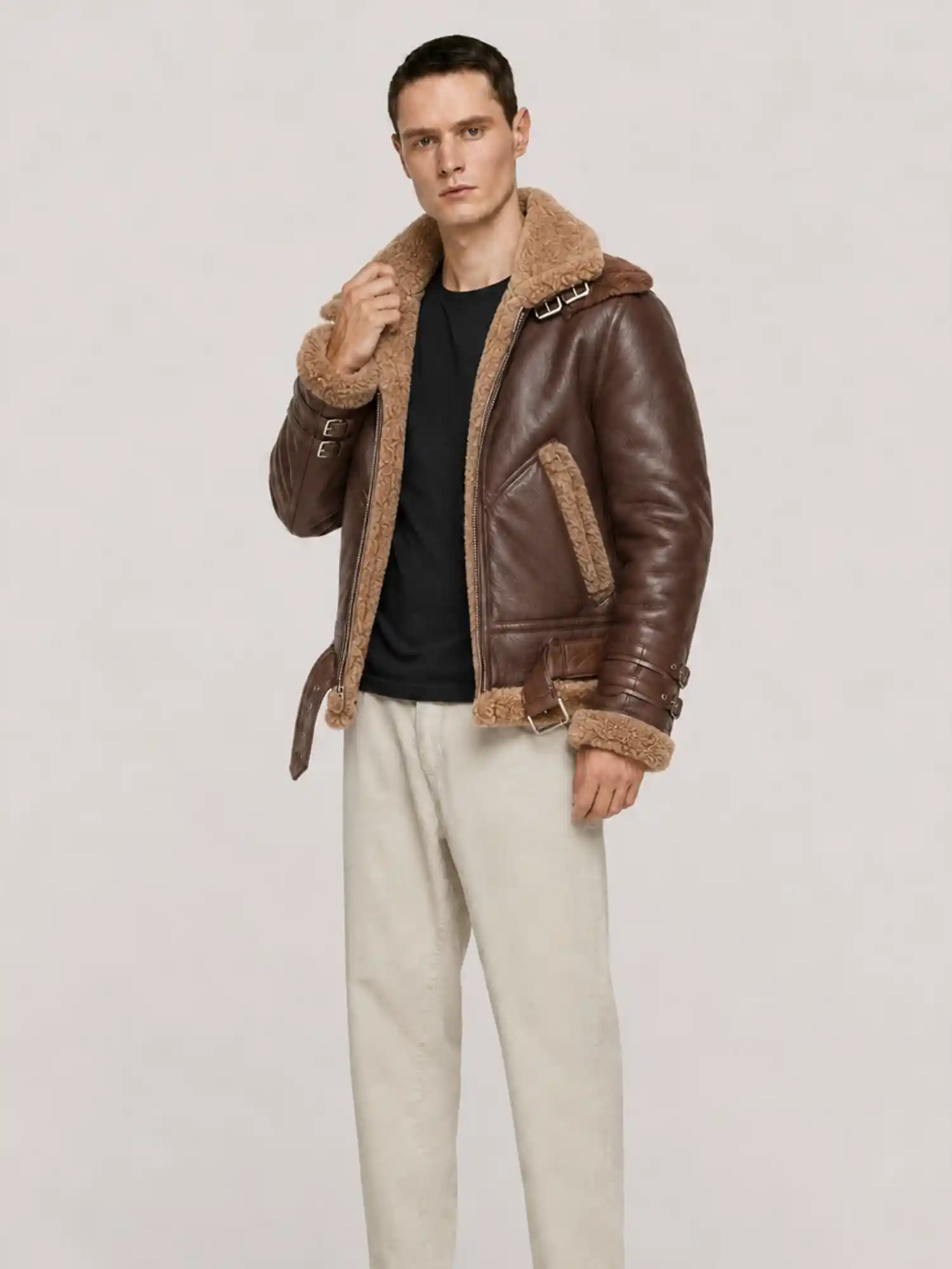 Men's Shearling Brown Aviator Double Collar leather Jacket