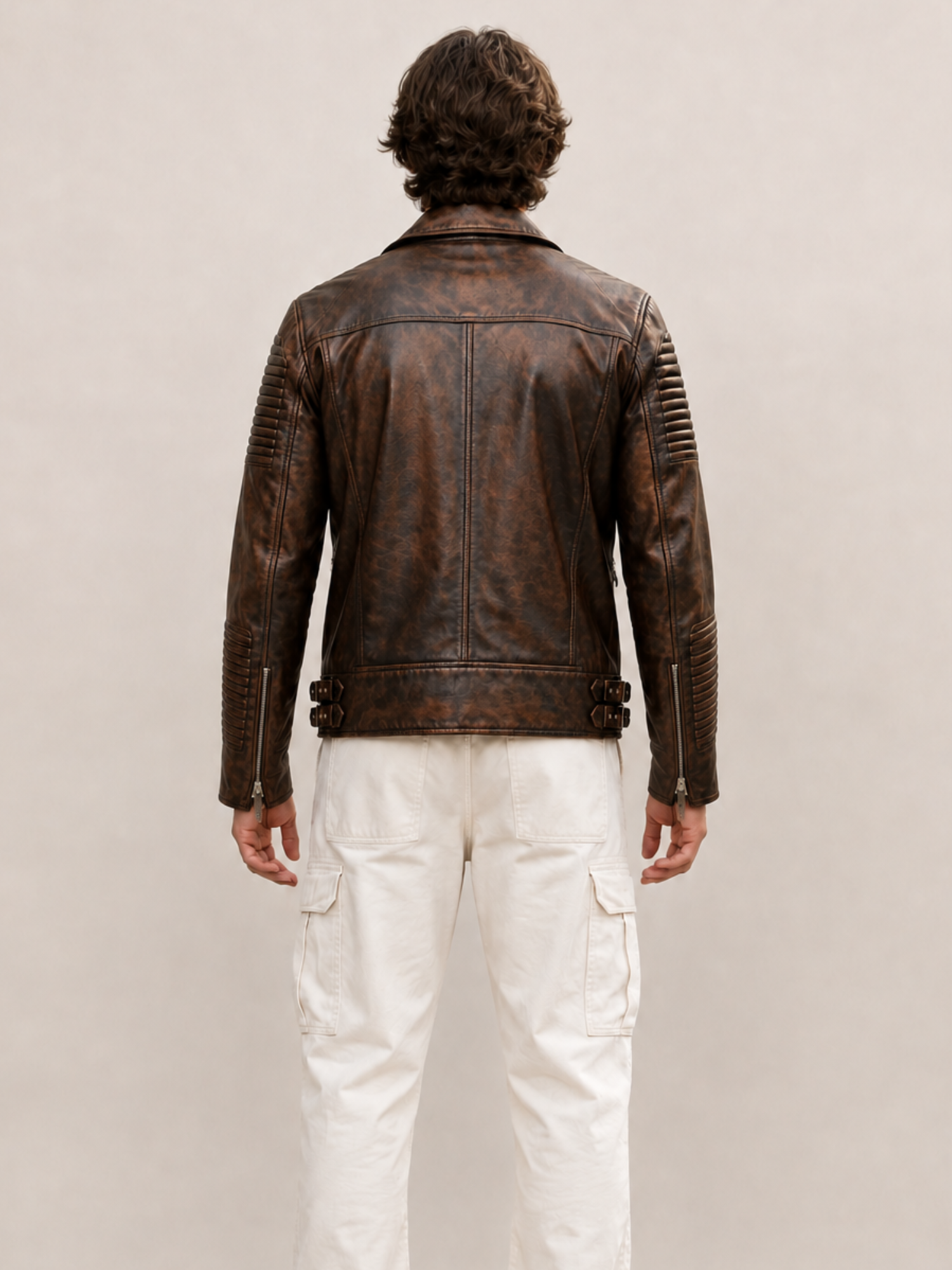 Men's Waxed Brown Ribbles Biker Leather Jacket - Image 2