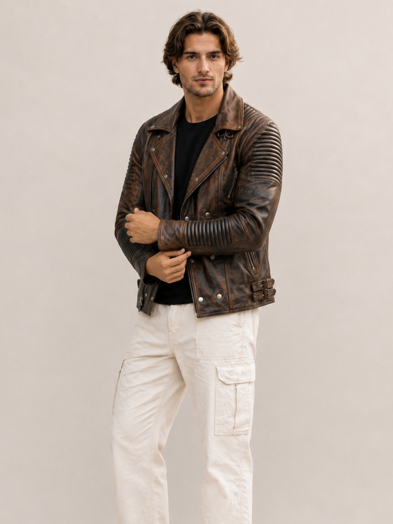 Men's Waxed Brown Ribbles Biker Leather Jacket - Image 5