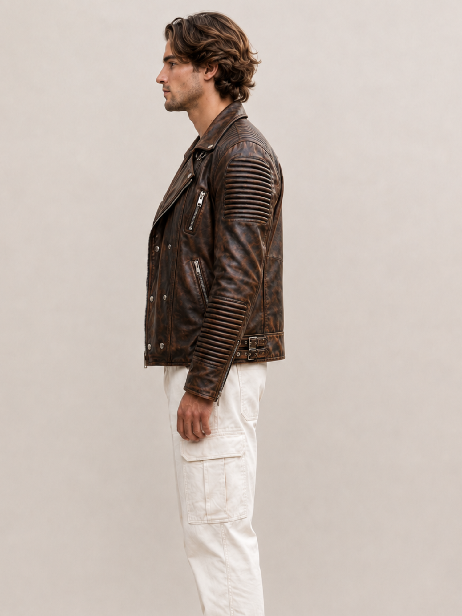 Men's Waxed Brown Ribbles Biker Leather Jacket - Image 4