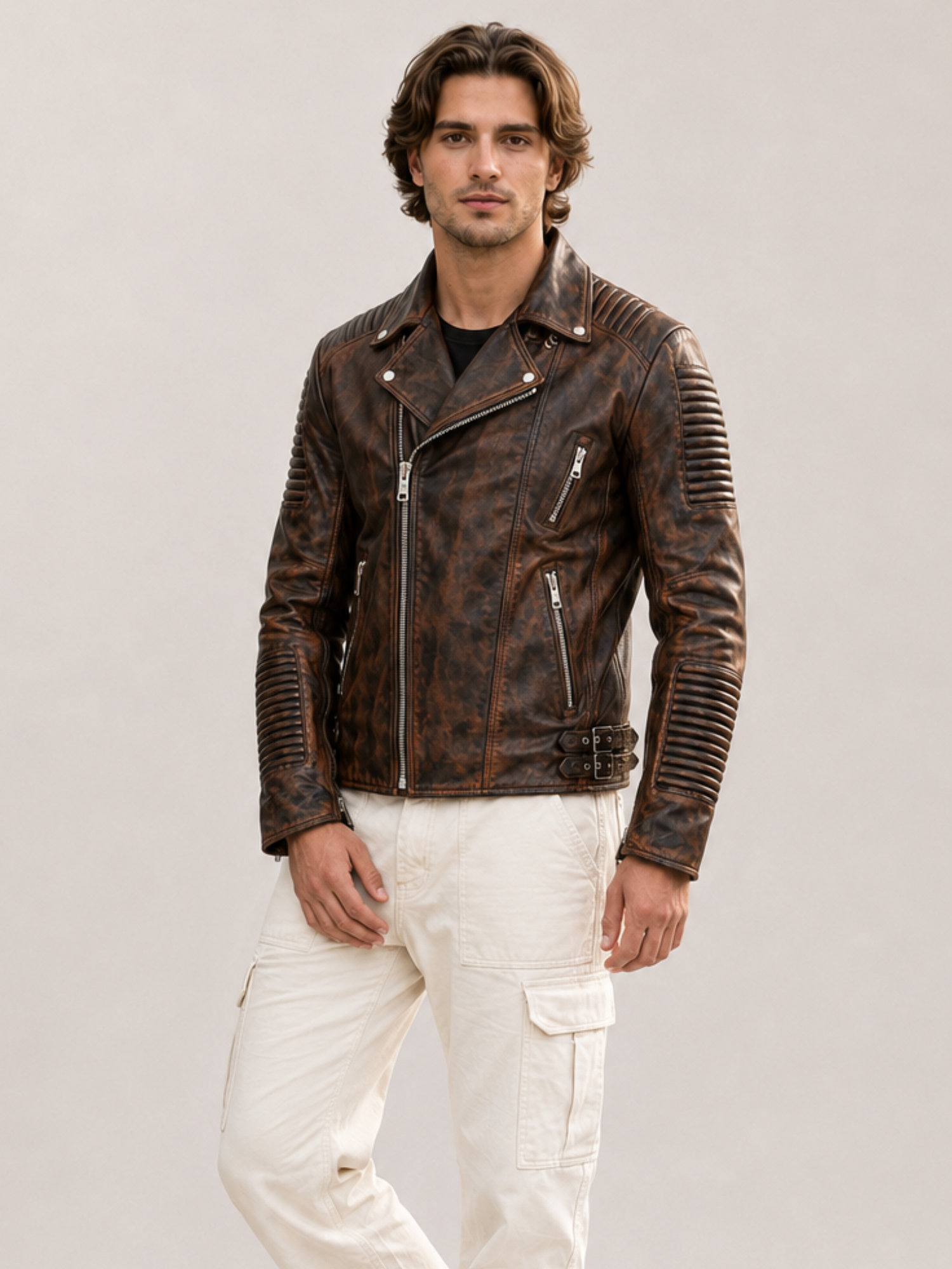 Men's Waxed Brown Ribbles Biker Leather Jacket - Image 6