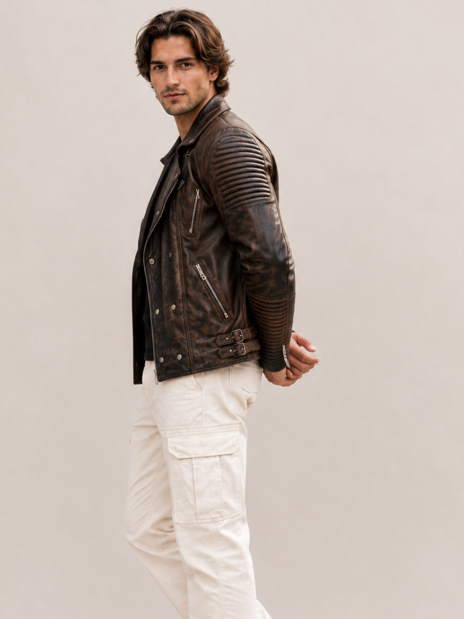 Men's Waxed Brown Ribbles Biker Leather Jacket - Image 3