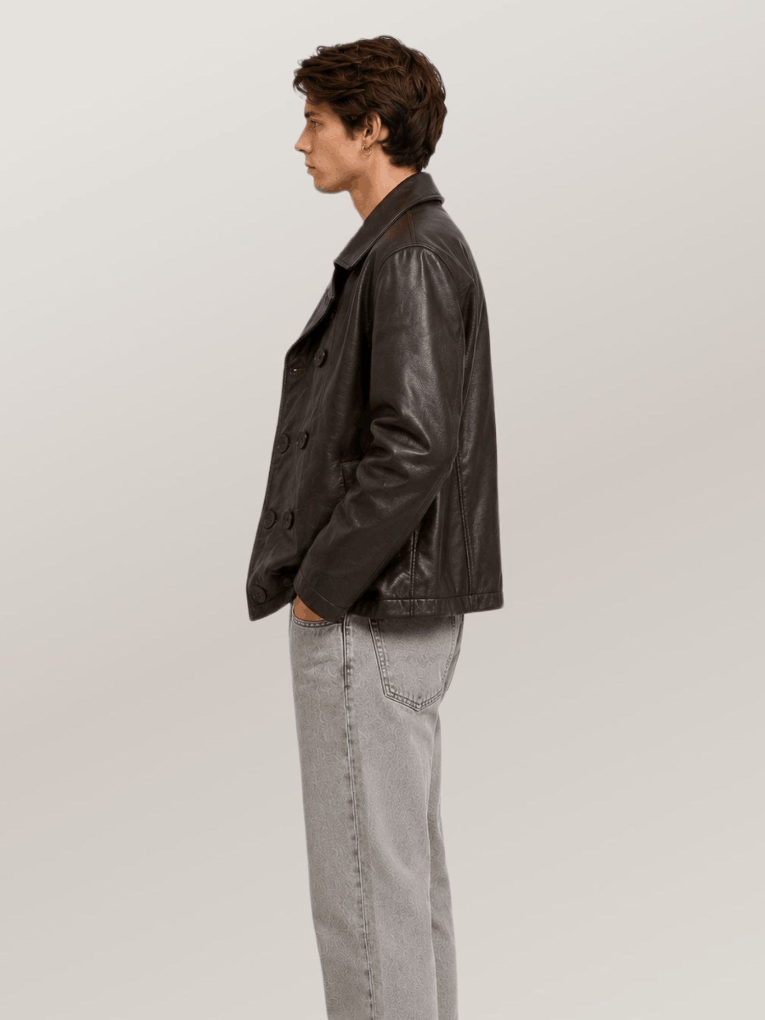 Men's Brown Naval Short Leather Peacoat - Image 3