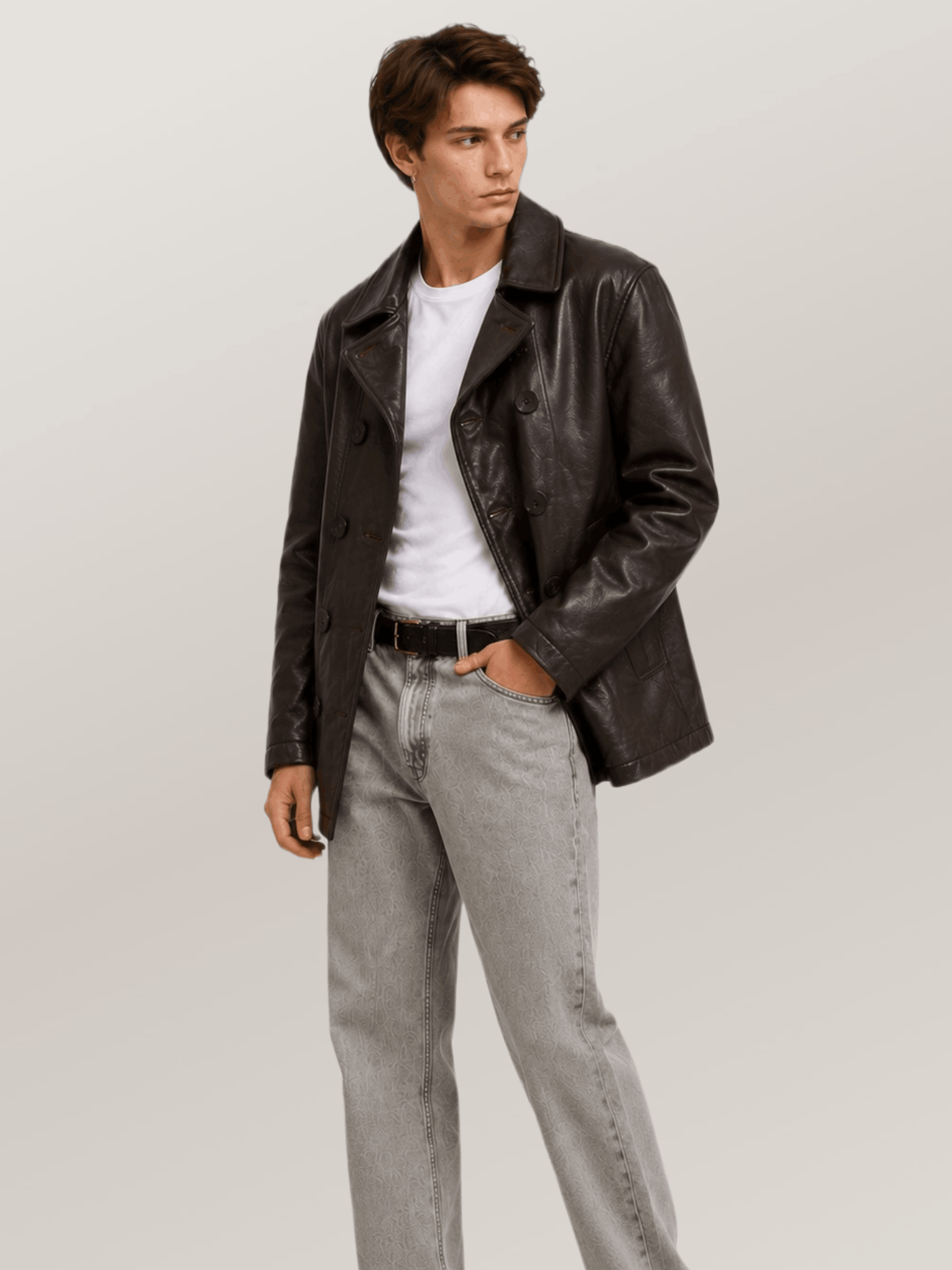 Men's Brown Naval Short Leather Peacoat - Image 4