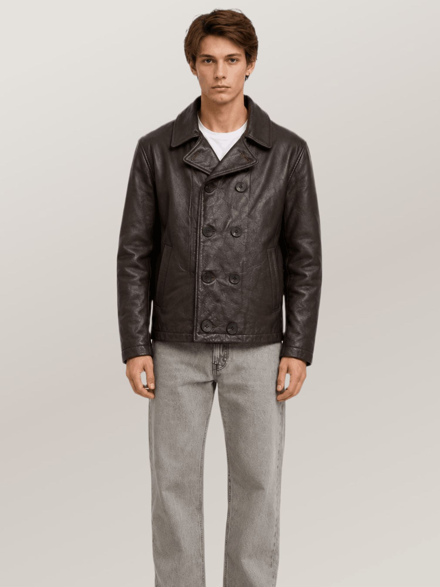 Men's Brown Naval Short Leather Peacoat - Image 5