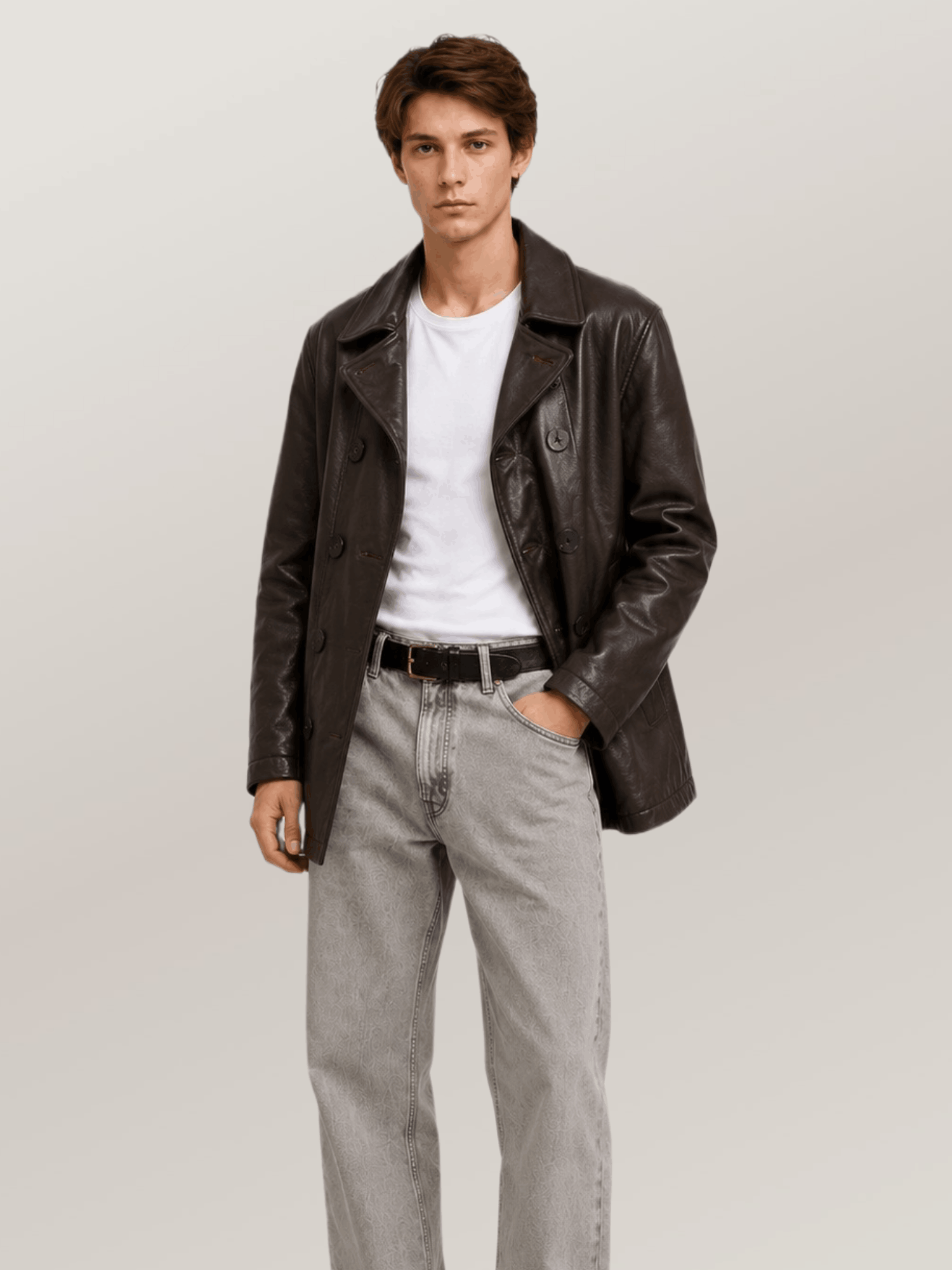 Men's Brown Naval Short Leather Peacoat