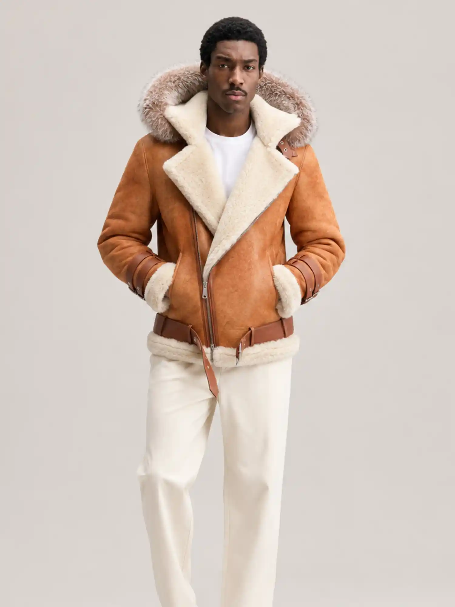 Men's Shearling Distressed Brown Pilot Style With Hood