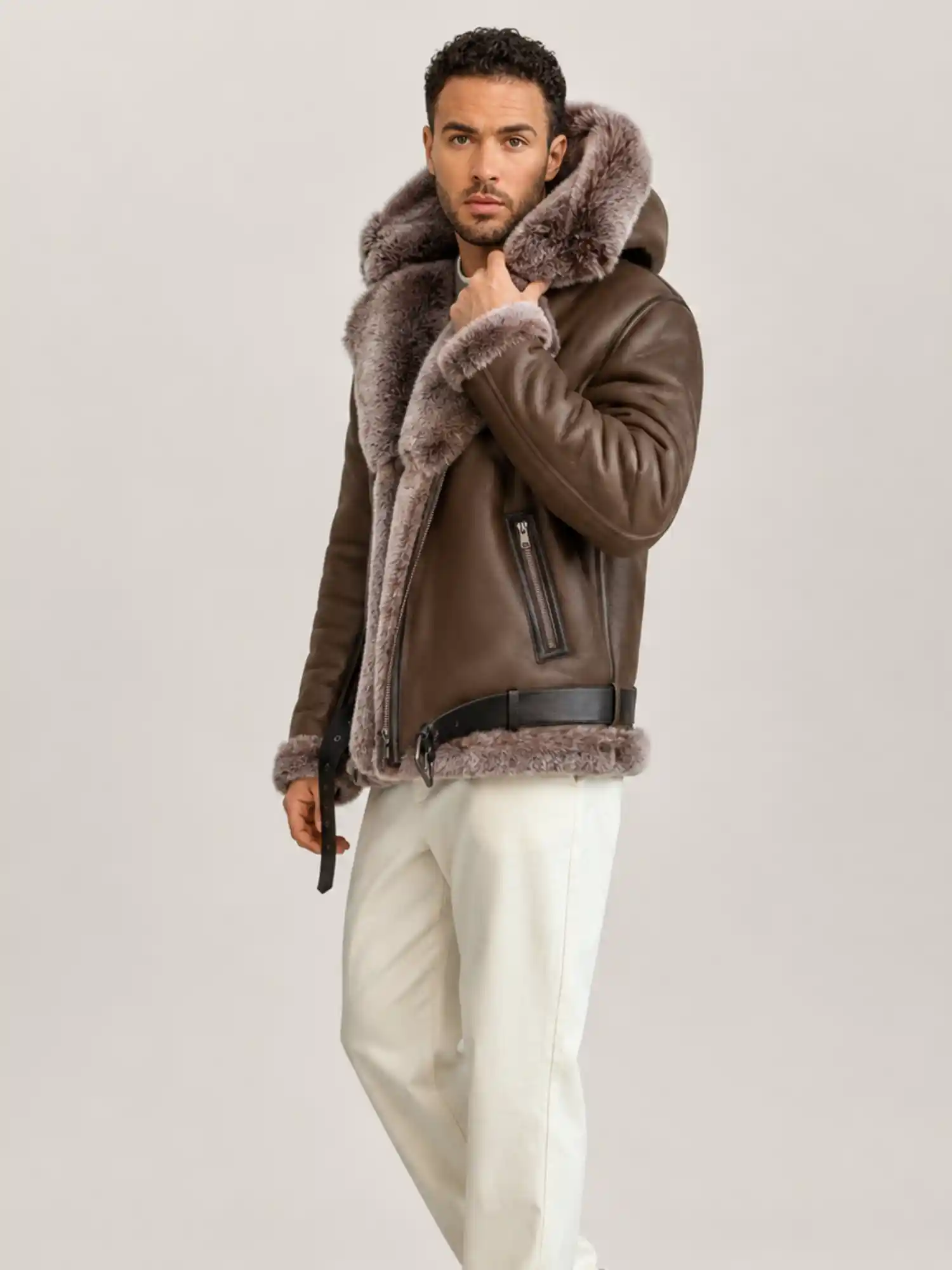 Men's Shearling Brown Biker Style With Fur And Hood - Image 4