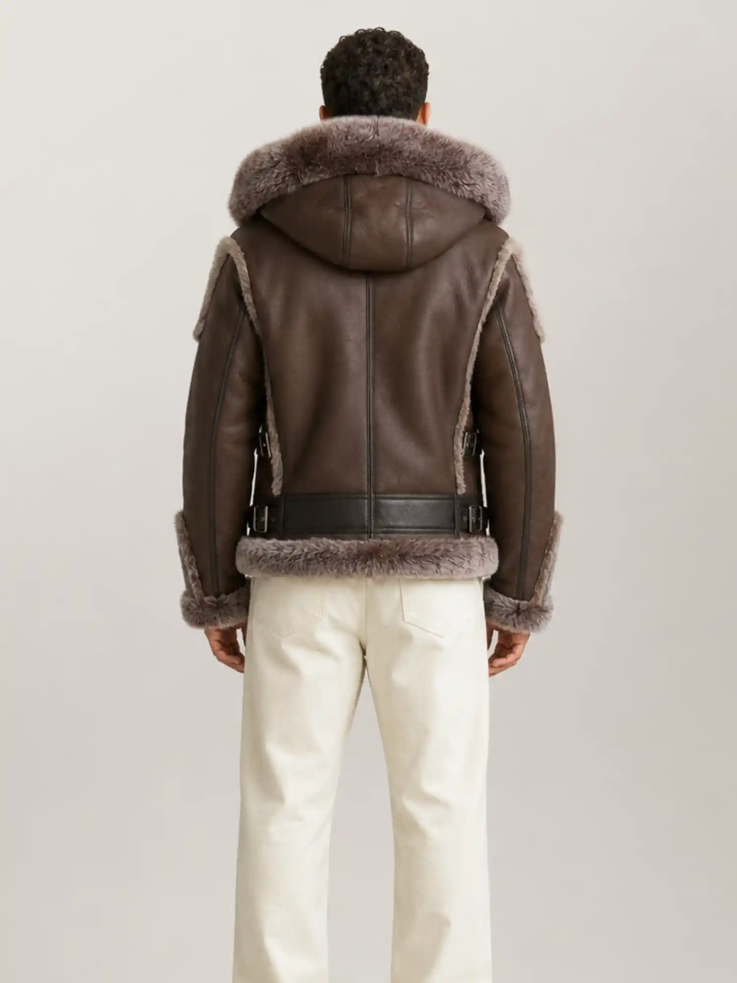 Men's Shearling Brown Biker Style With Fur And Hood - Image 2