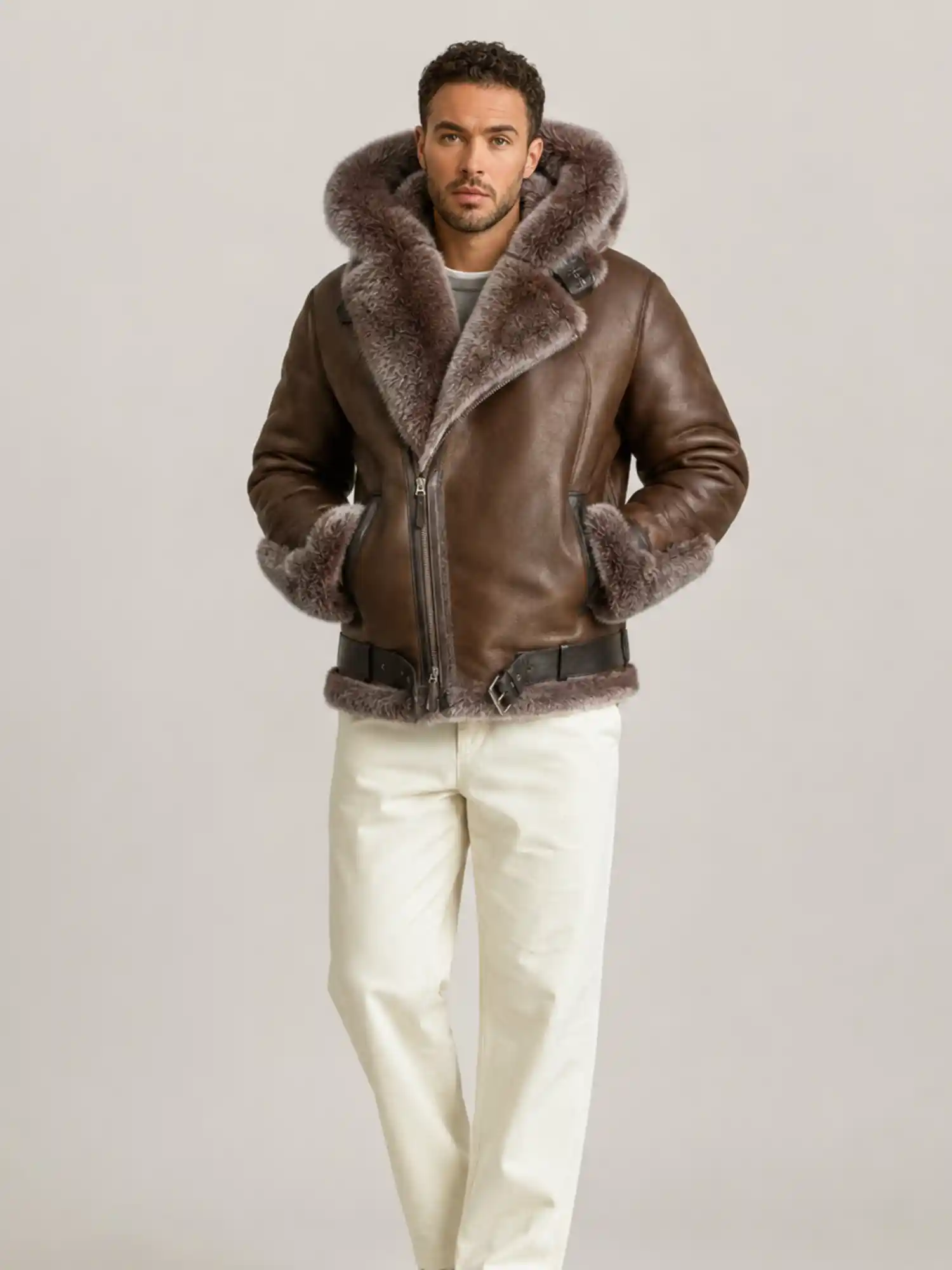 Men's Shearling Brown Biker Style With Fur And Hood