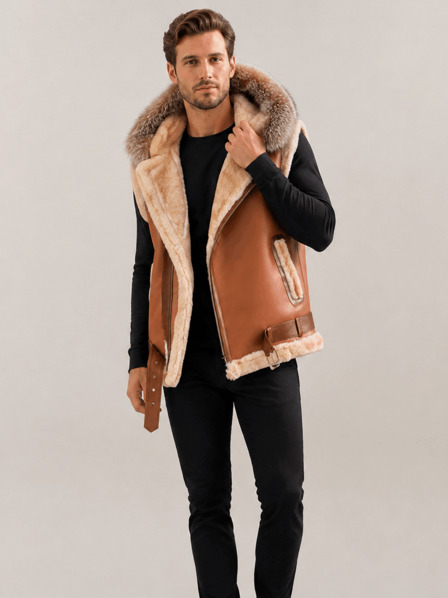 Men's Leather Shearling VEST Brown With Crystal Hood