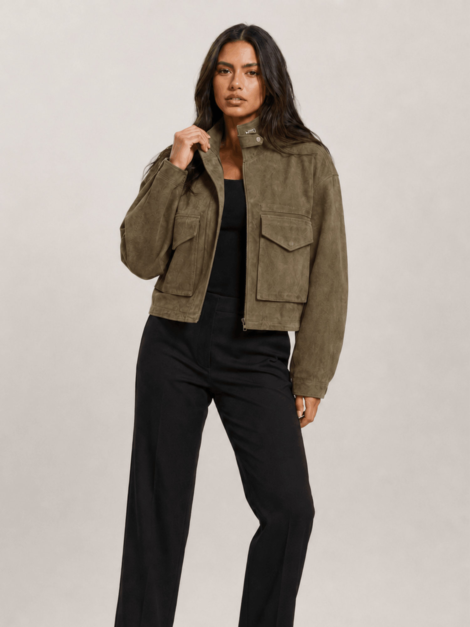 Women's Olive Green Clay Funnel Neck Suede Cropped Jacket