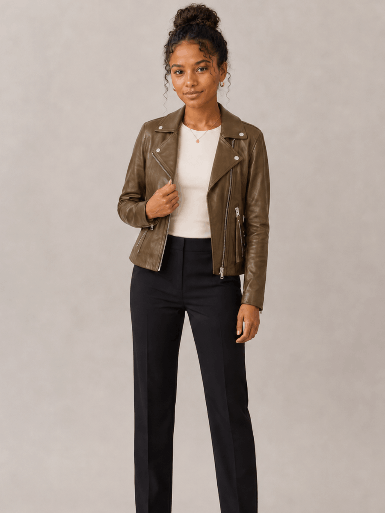 Women's Fango Green Dalby Slim Fit Leather Biker Jacket