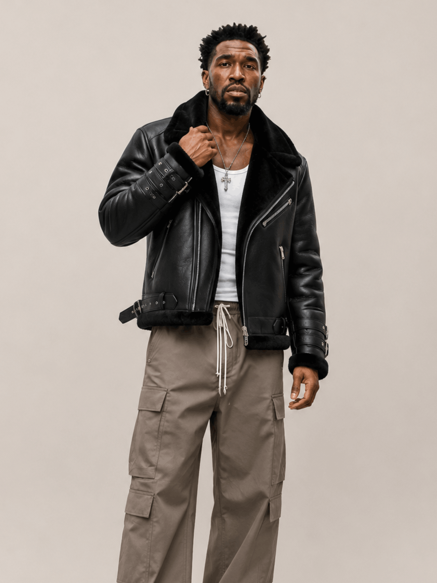 Men's Sheepskin Leather Biker Jacket In Black