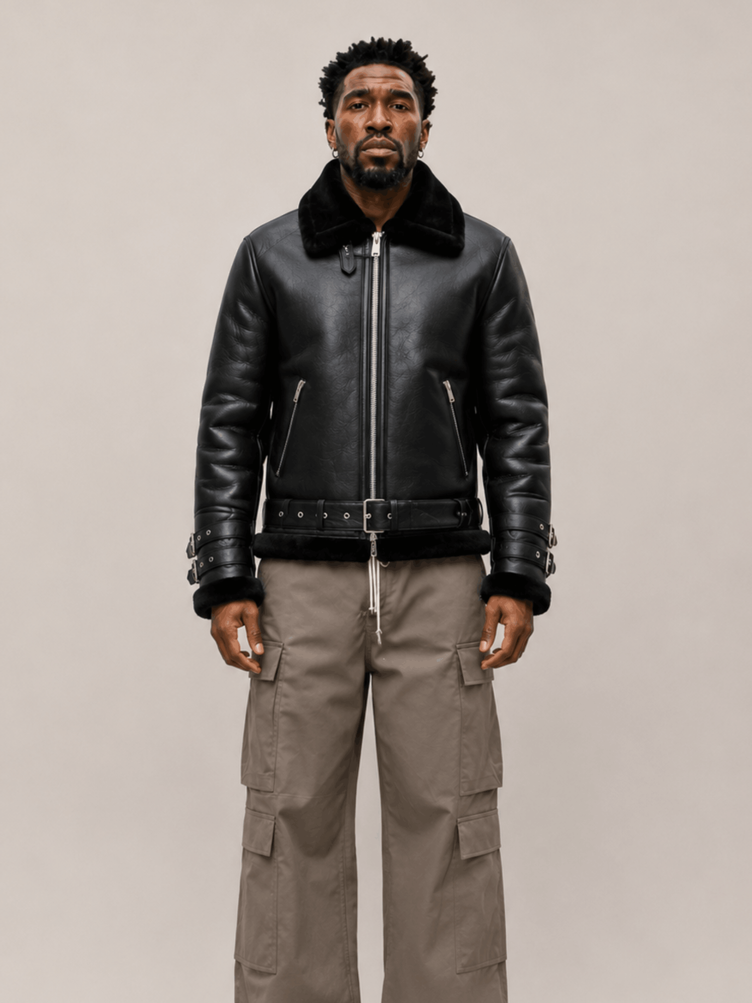 Men's Sheepskin Leather Biker Jacket In Black - Image 5