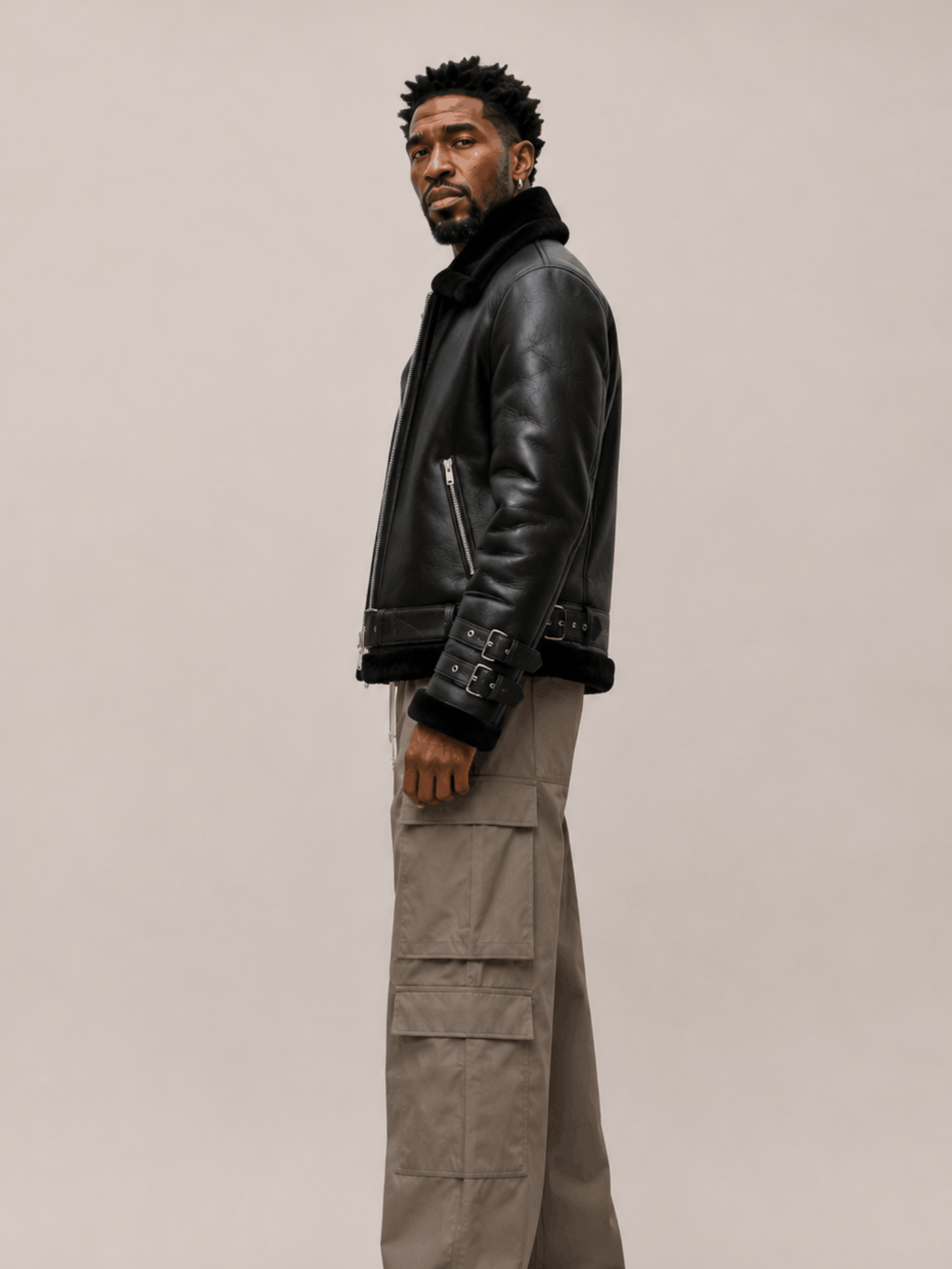 Men's Sheepskin Leather Biker Jacket In Black - Image 4
