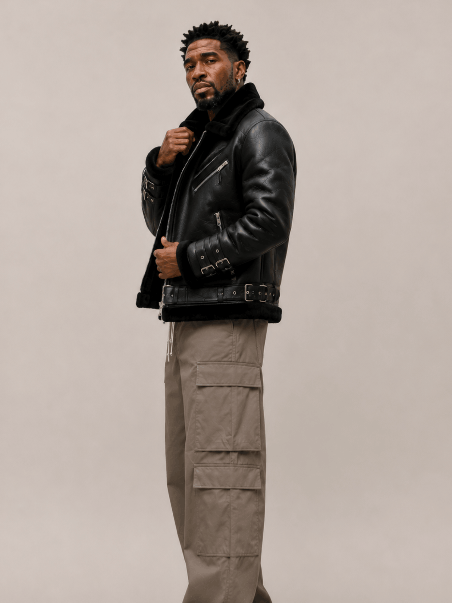 Men's Sheepskin Leather Biker Jacket In Black - Image 3