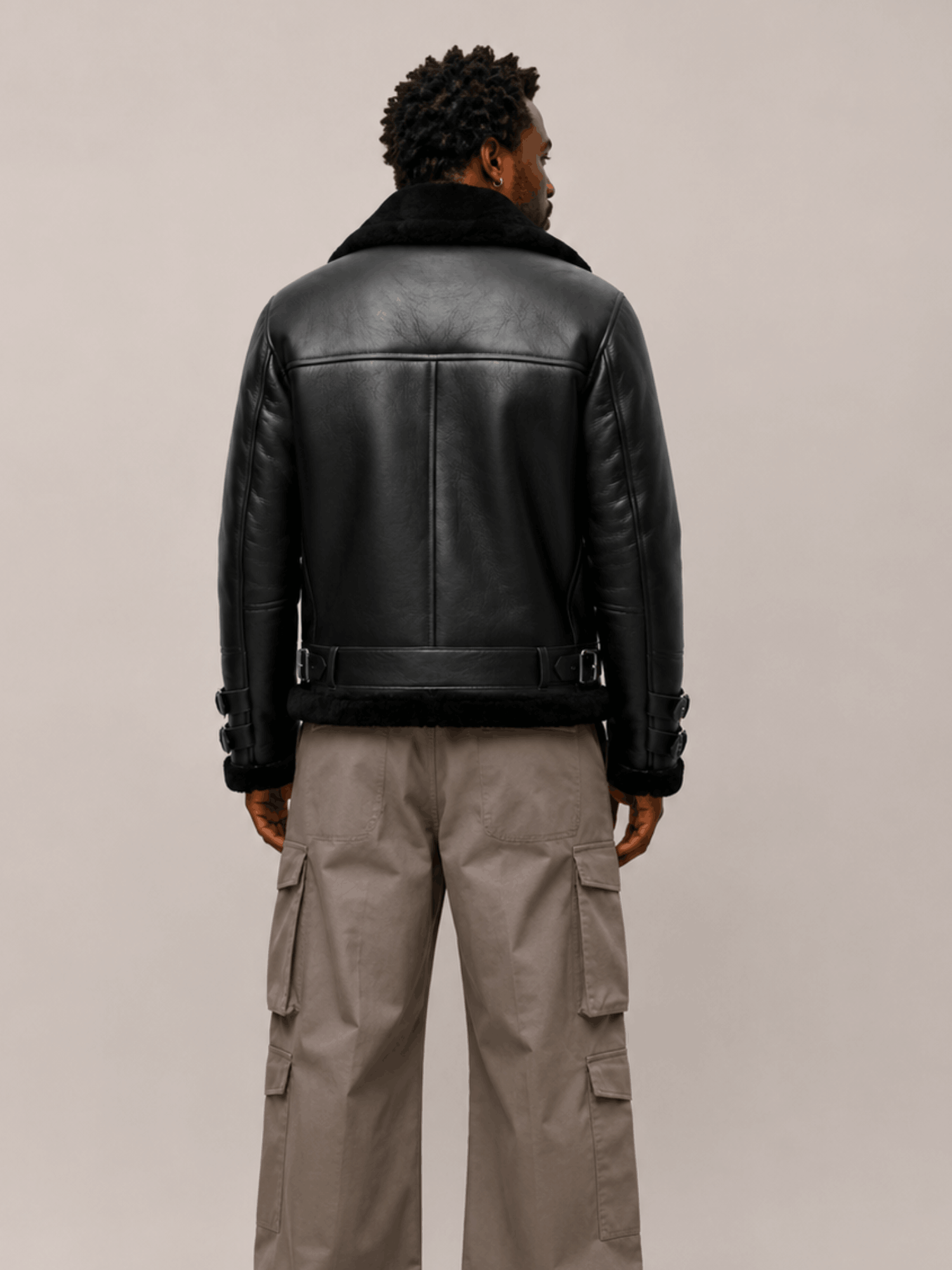 Men's Sheepskin Leather Biker Jacket In Black - Image 2