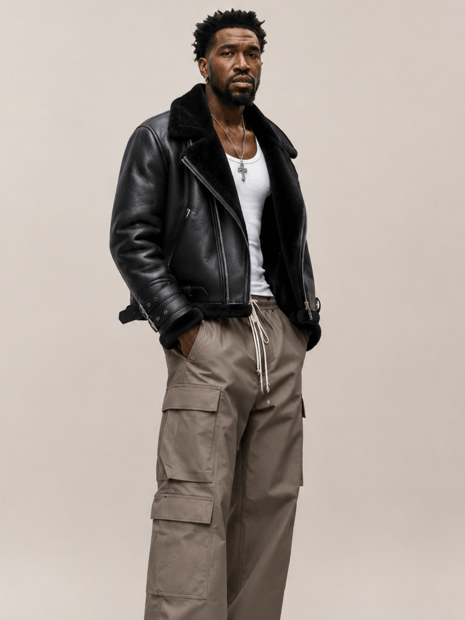 Men's Sheepskin Leather Biker Jacket In Black - Image 6
