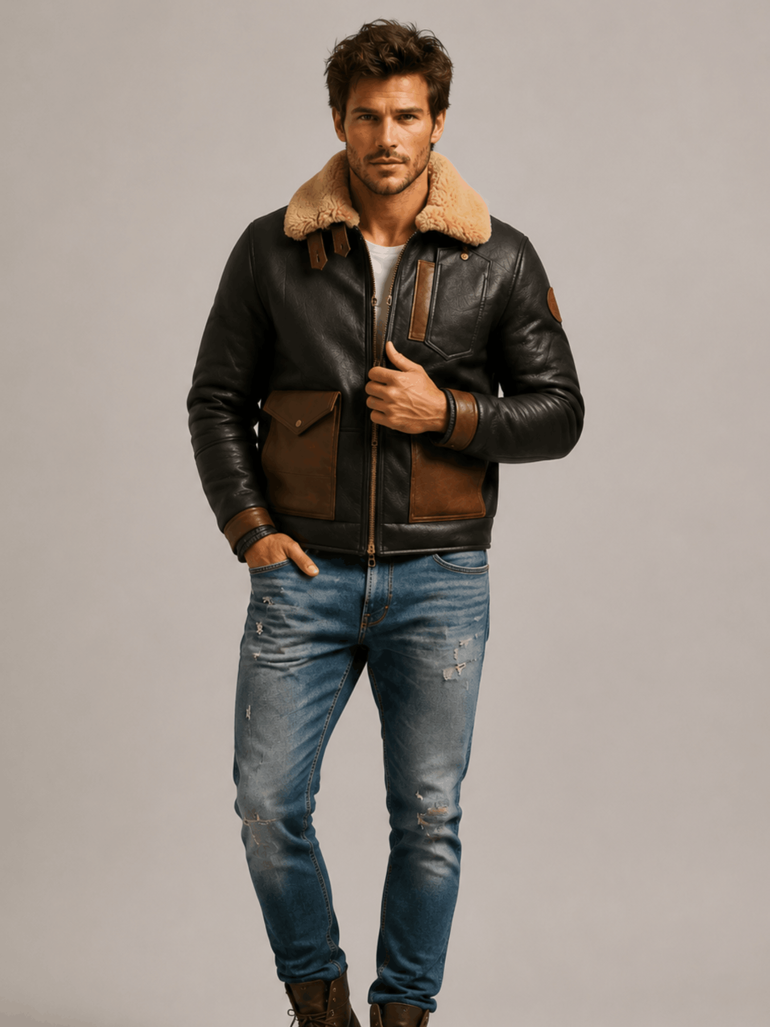 Men's F-35 Aviator Chocolate Sheepskin Jacket - Image 3