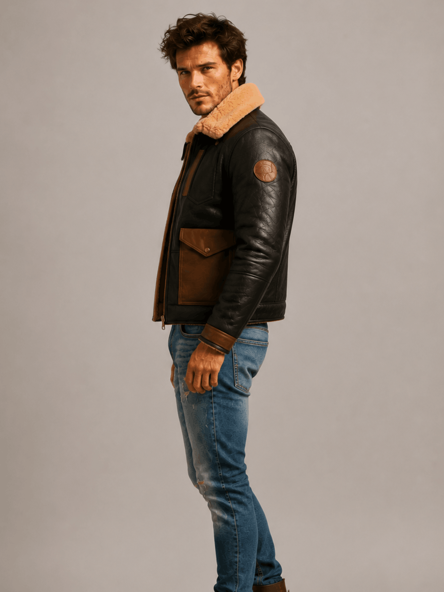 Men's F-35 Aviator Chocolate Sheepskin Jacket - Image 5