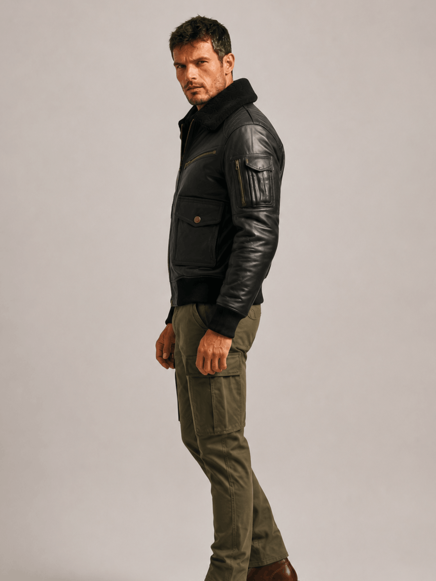 Men's Black Flight Bomber Leather Jacket - Image 2