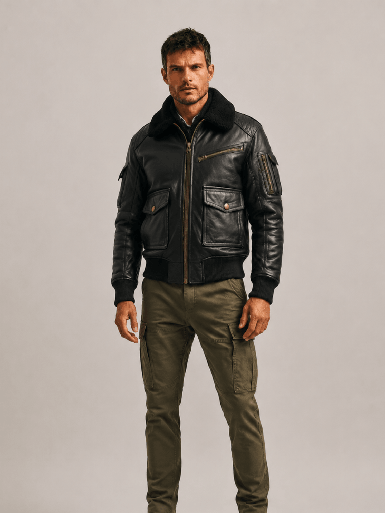 Men's Black Flight Bomber Leather Jacket - Image 4