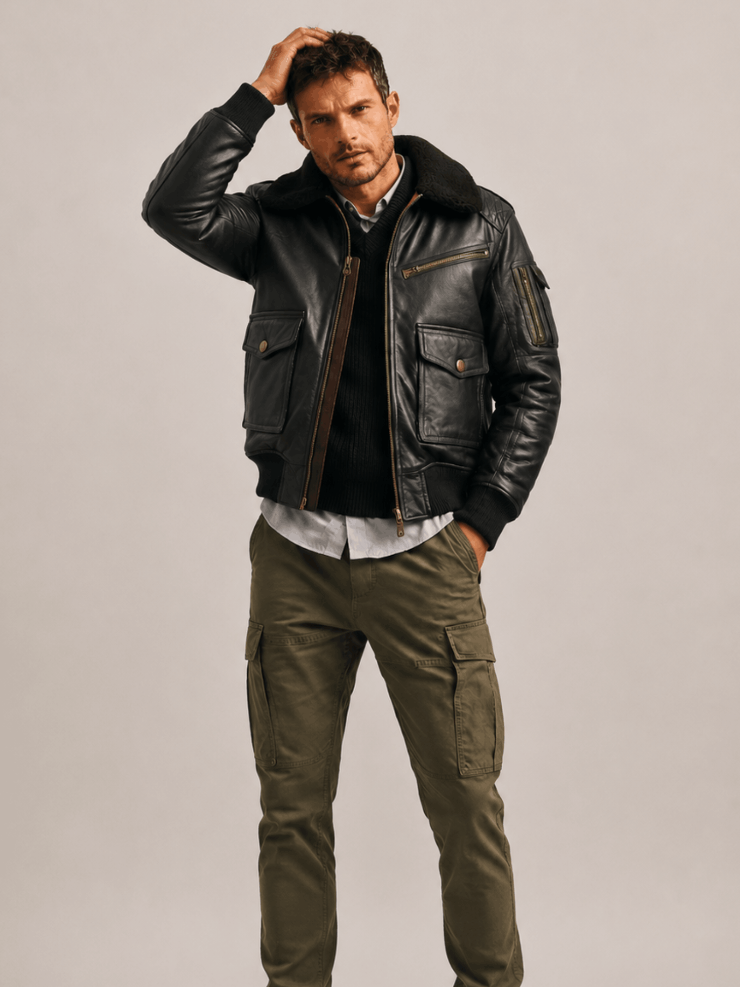 Men's Black Flight Bomber Leather Jacket - Image 5