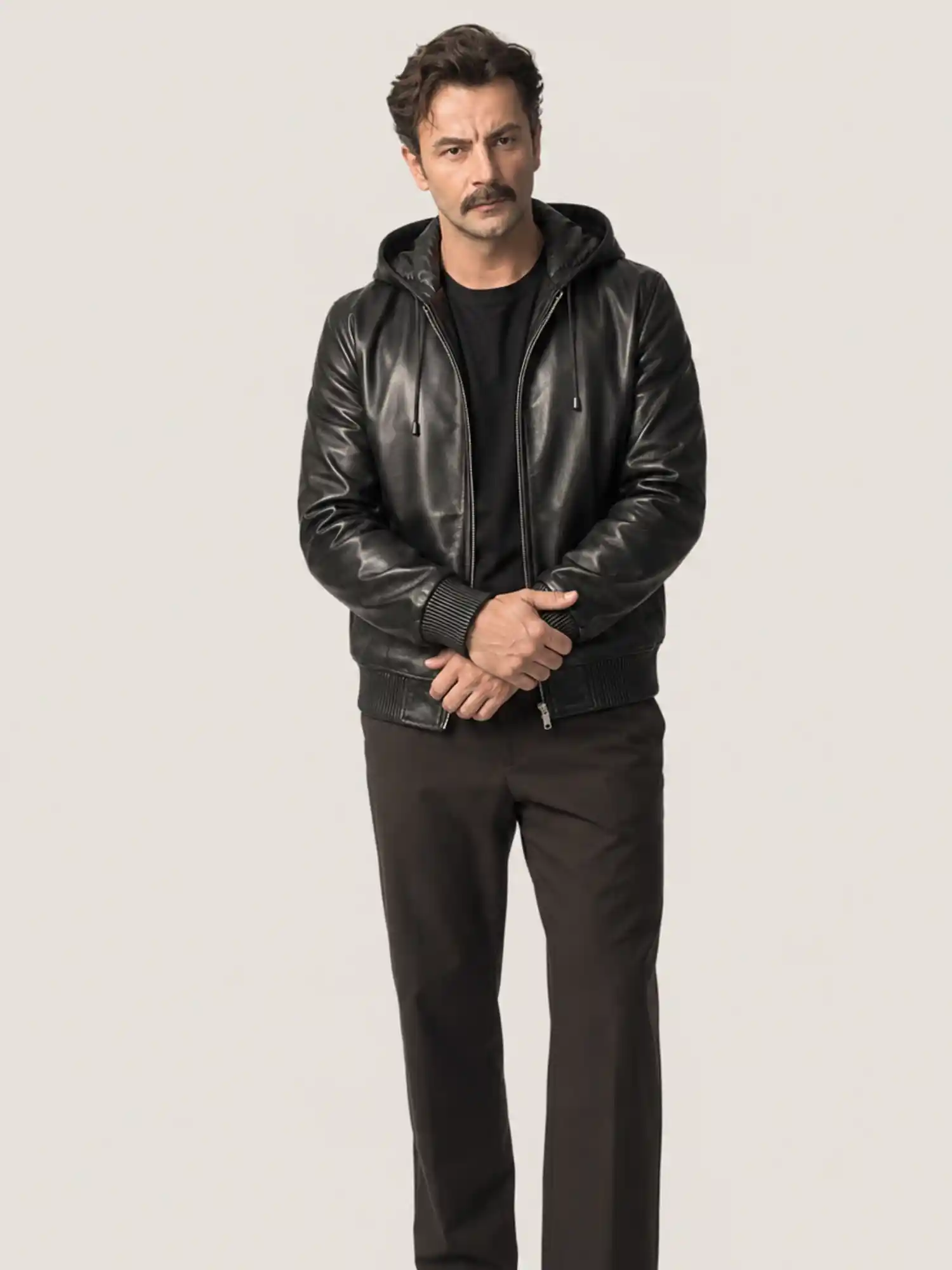 Men's Black Hoodie Leather Jacket