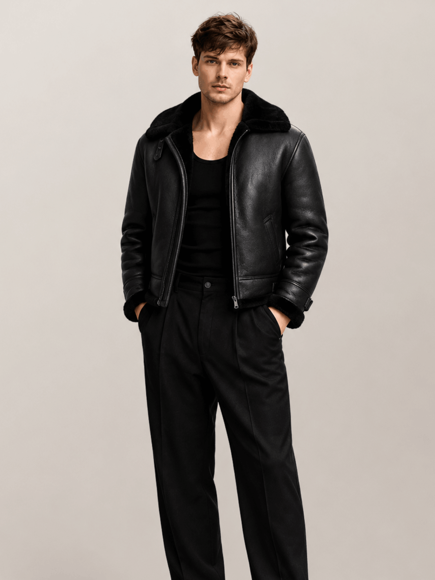 Men's Aviator B3 Black Shearling Sheepskin Leather Jacket