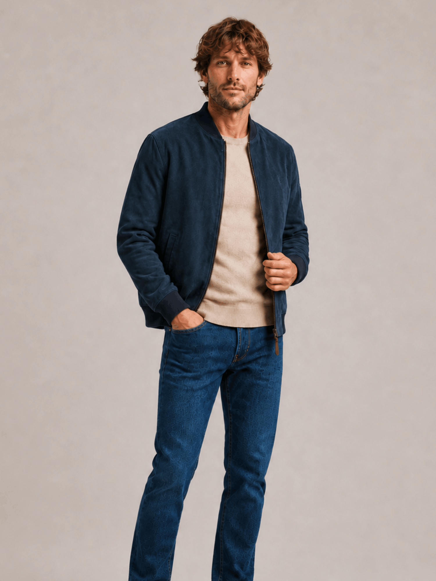 Men's Blue Morten Relaxed Fit Suede Bomber Jacket