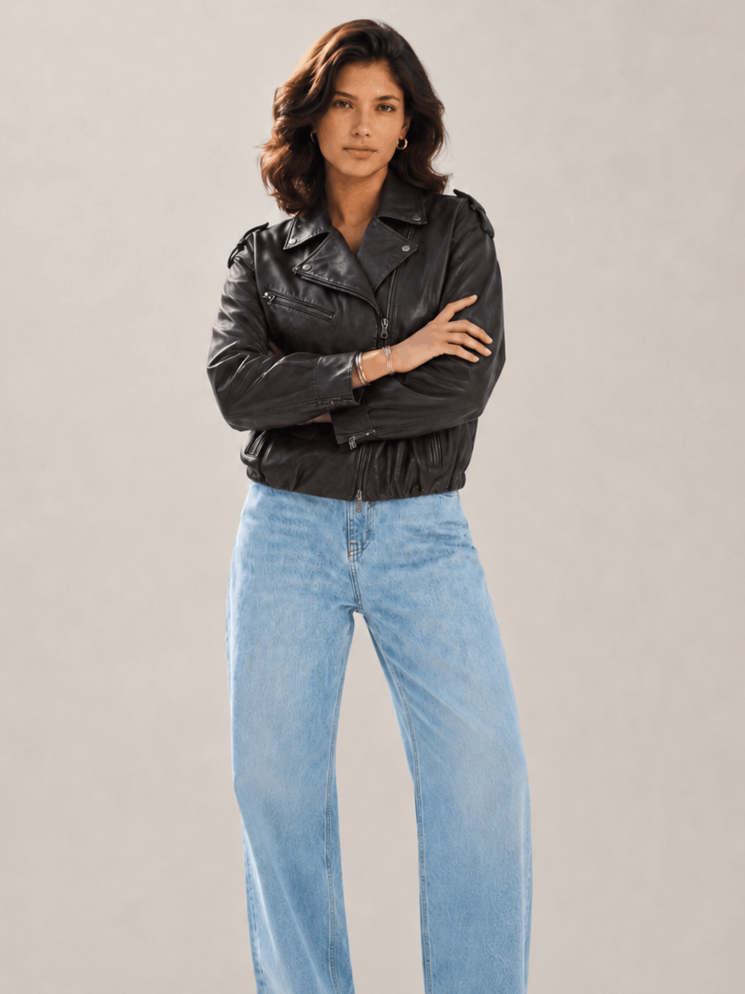 Women's Black Relaxed Fit Leather Biker Jacket