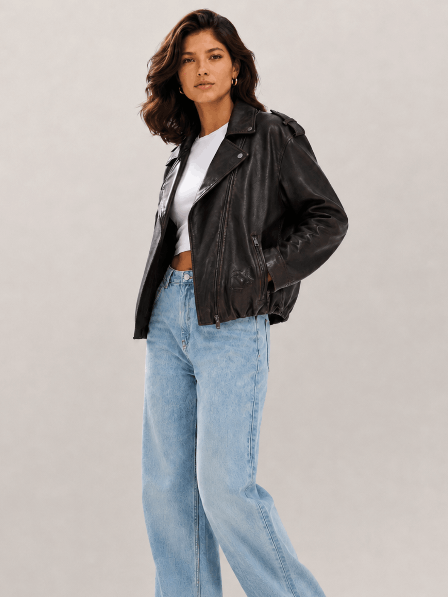 Women's Black Relaxed Fit Leather Biker Jacket - Image 4