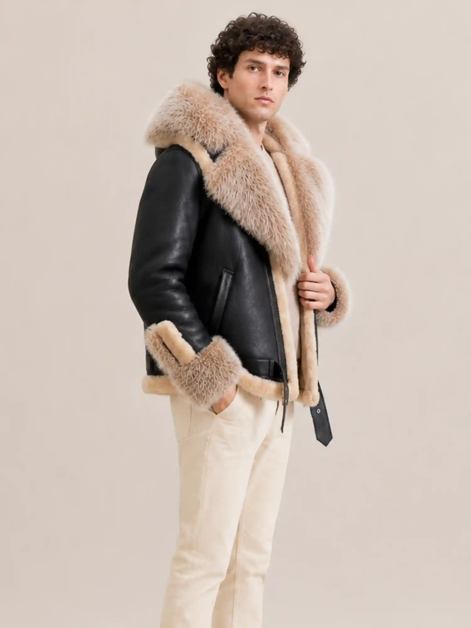 Men's Shearling Black Biker Style With Crystal Fur And Hood - Image 4