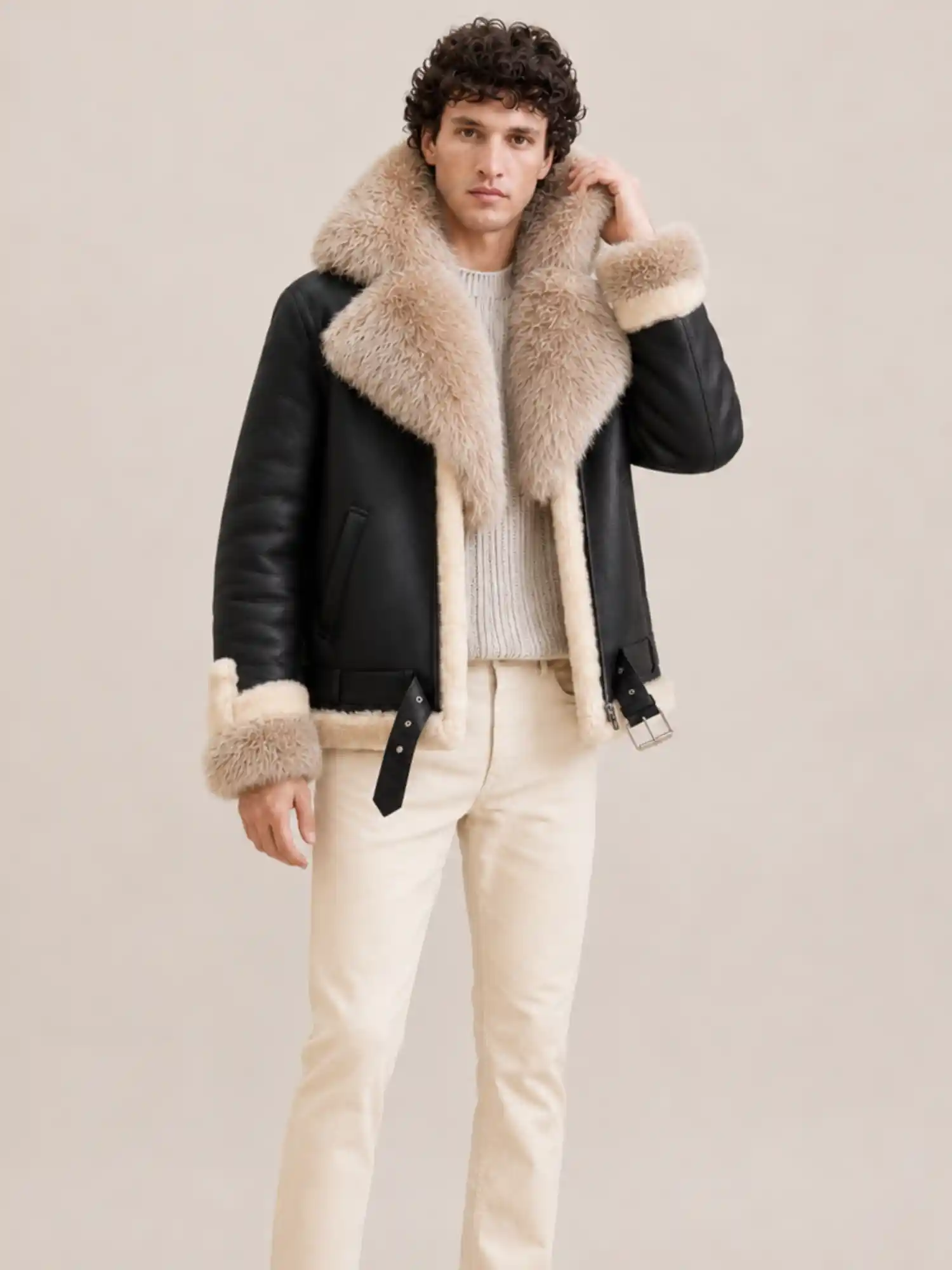 Men's Shearling Black Biker Style With Crystal Fur And Hood