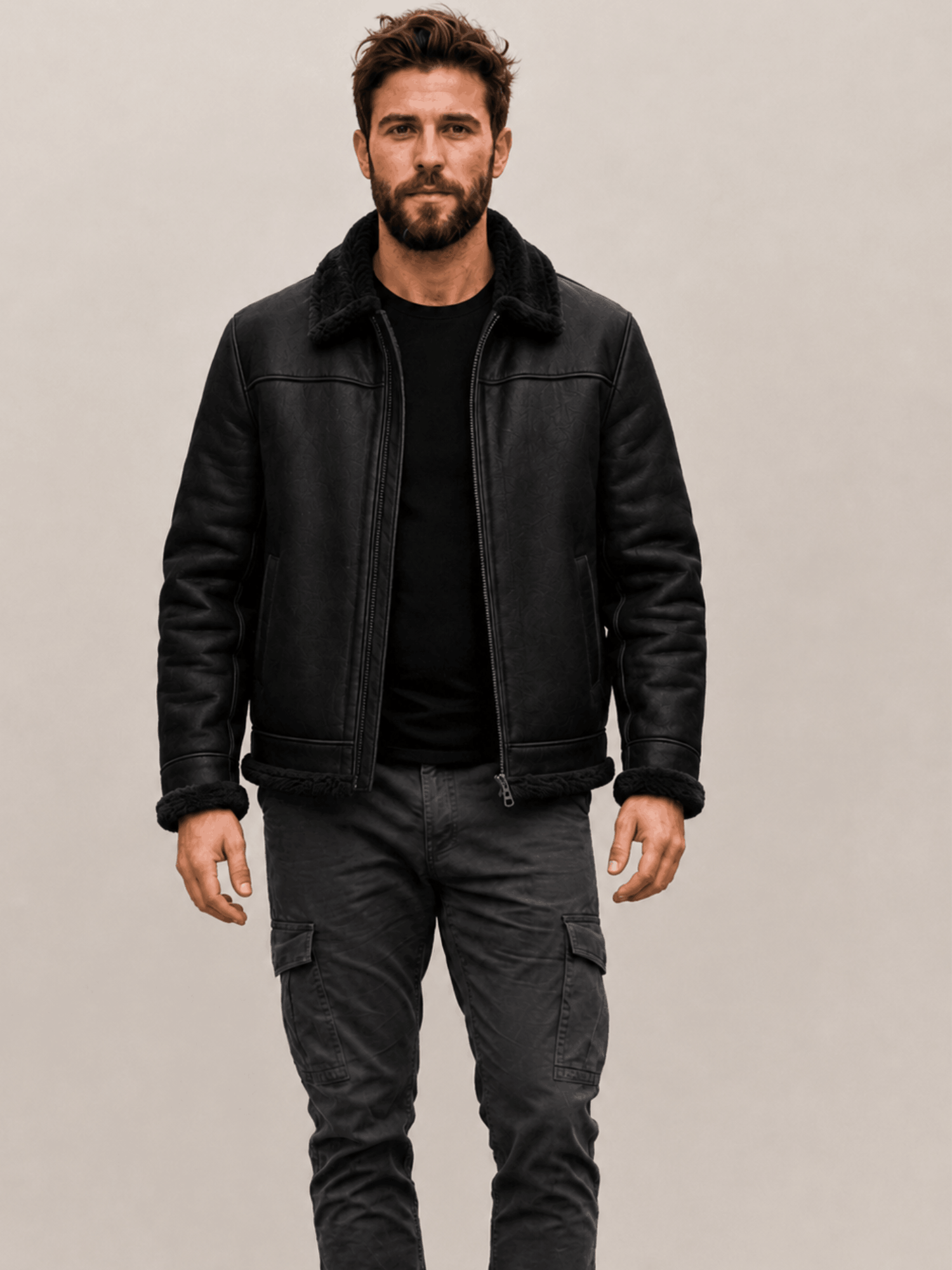 Men's Black Shearling Fur Collar Leather Bomber Jacket