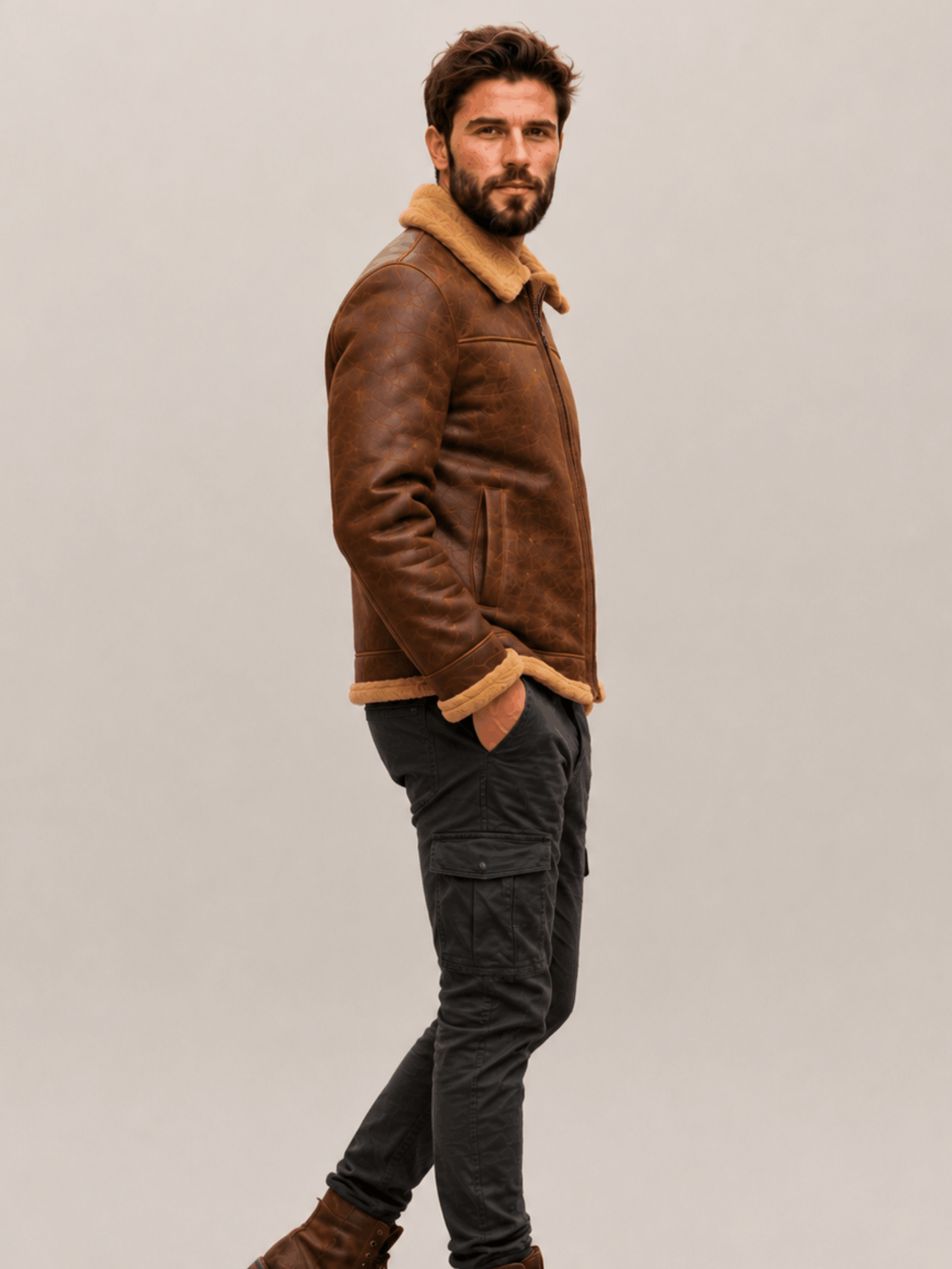 Men's Grizzly Brown Fur Collar Shearling Leather Bomber Jacket - Image 3