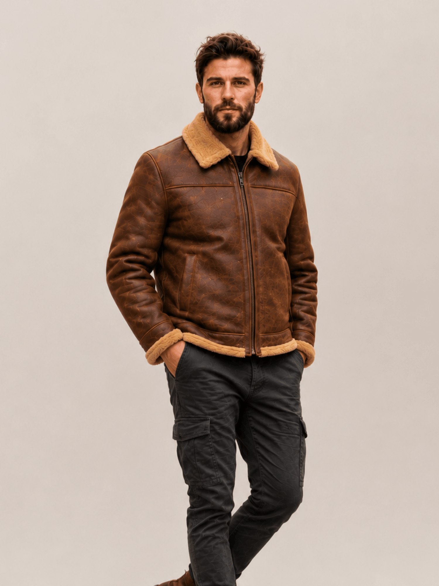 Men's Grizzly Brown Fur Collar Shearling Leather Bomber Jacket - Image 4