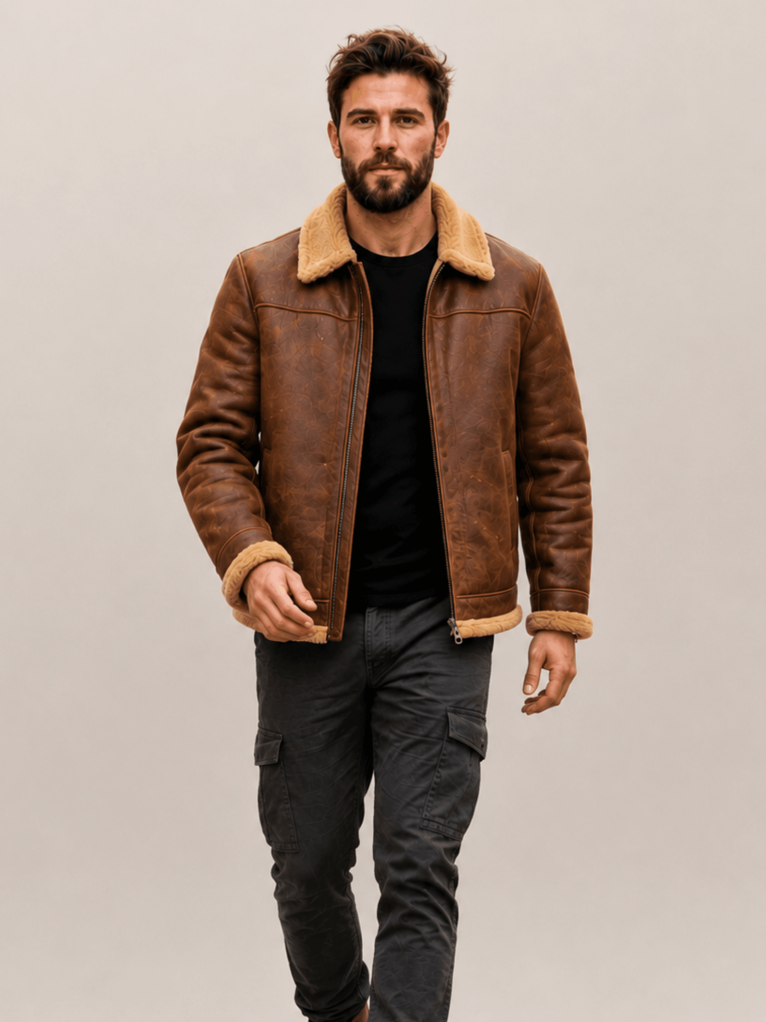 Men's Grizzly Brown Fur Collar Shearling Leather Bomber Jacket - Image 5