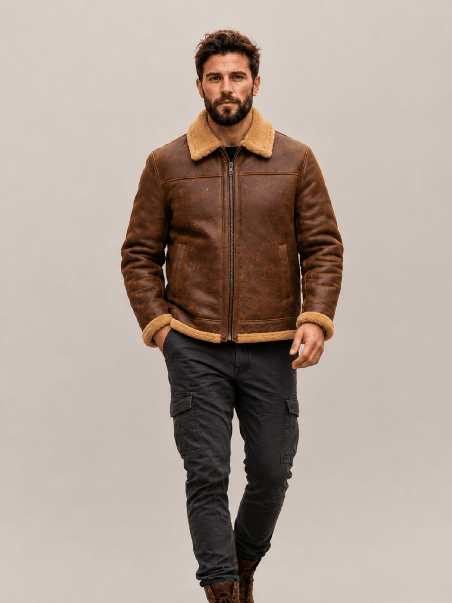 Men's Grizzly Brown Fur Collar Shearling Leather Bomber Jacket