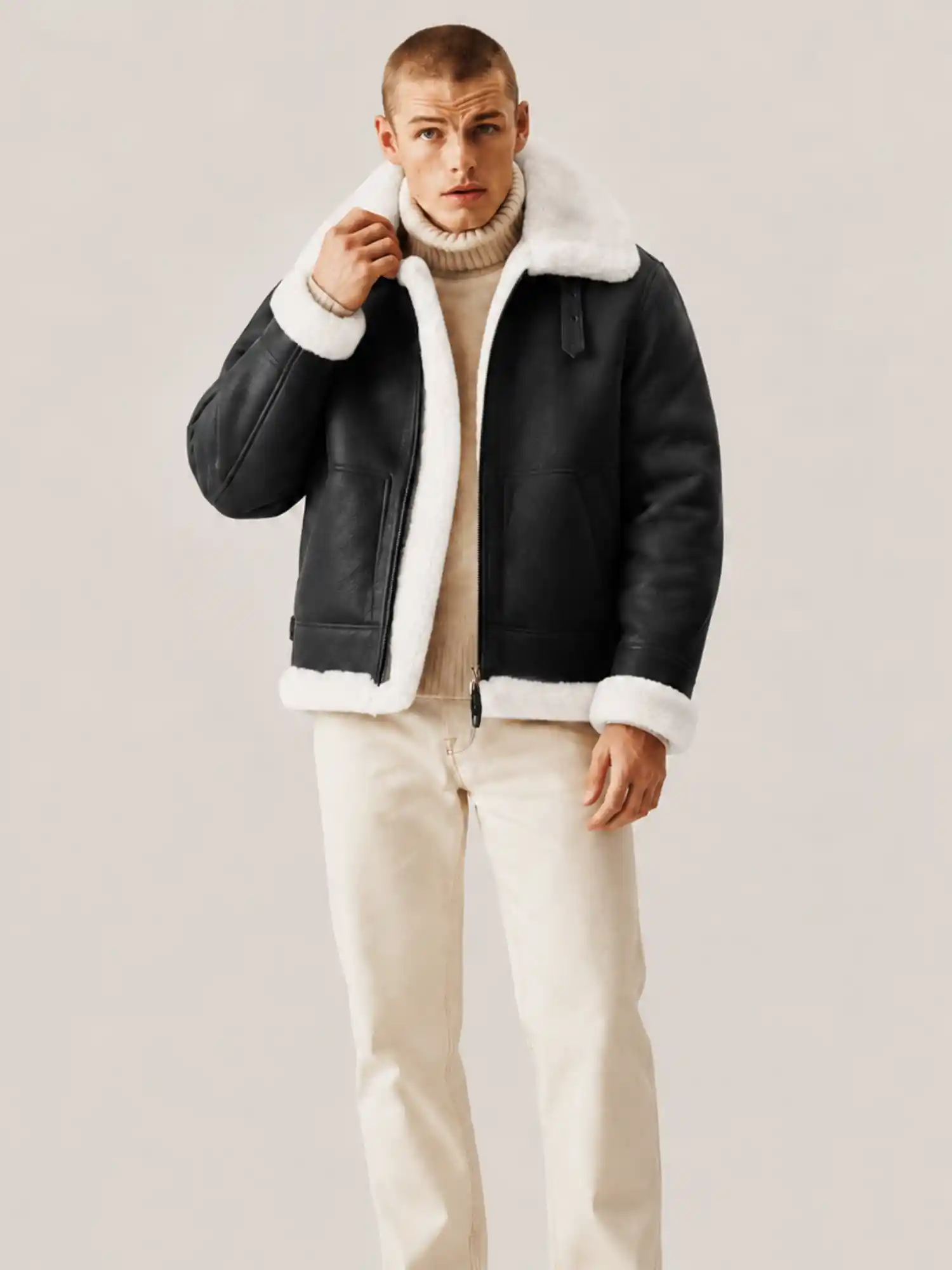 Men's B3 Black White fur Shearling Leather Jacket - Image 4